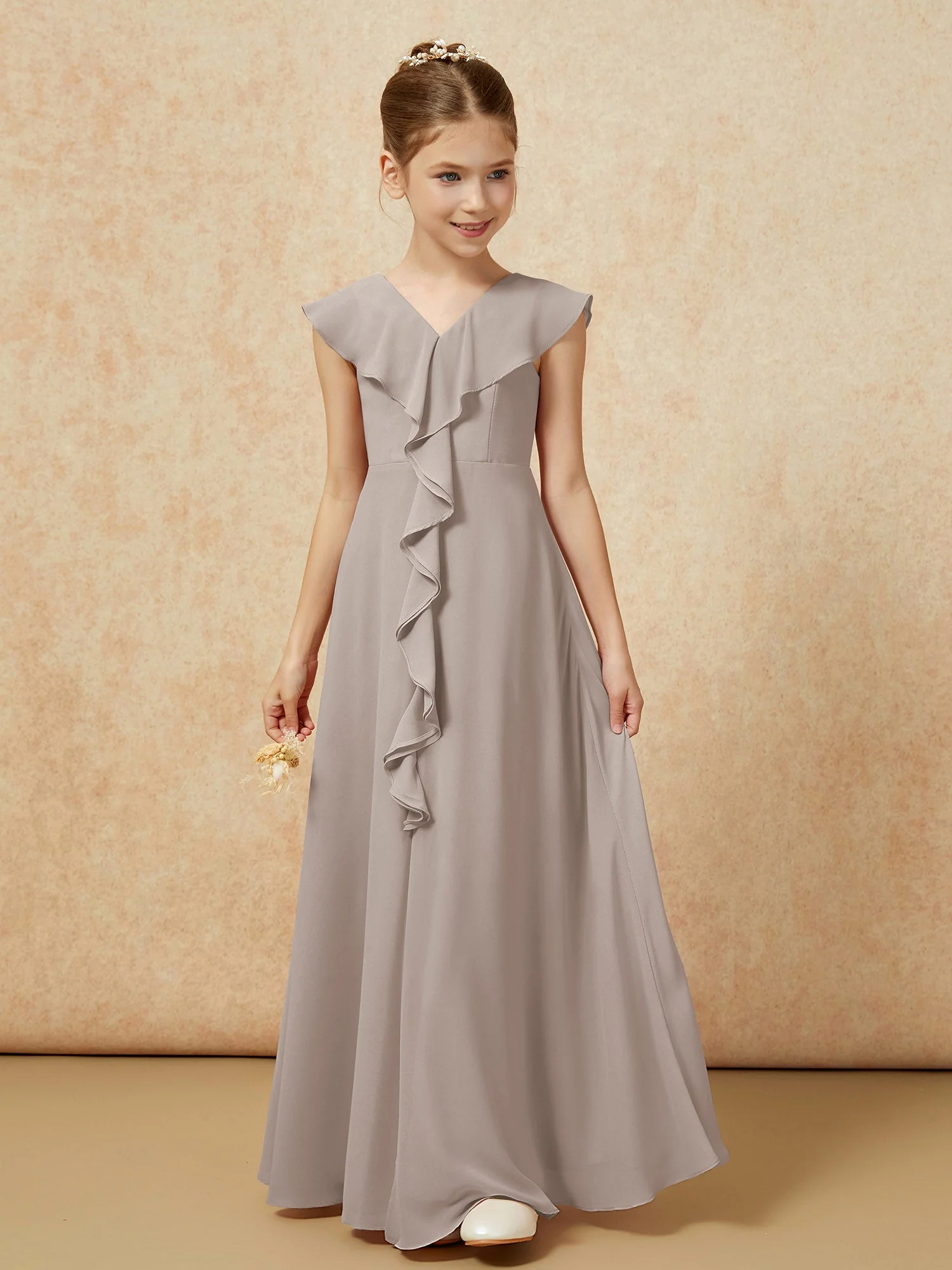 V-Ausschnitt Rüschen Chiffon Junge Brautjungfernkleider mit Schlitz Taupe - Image 5