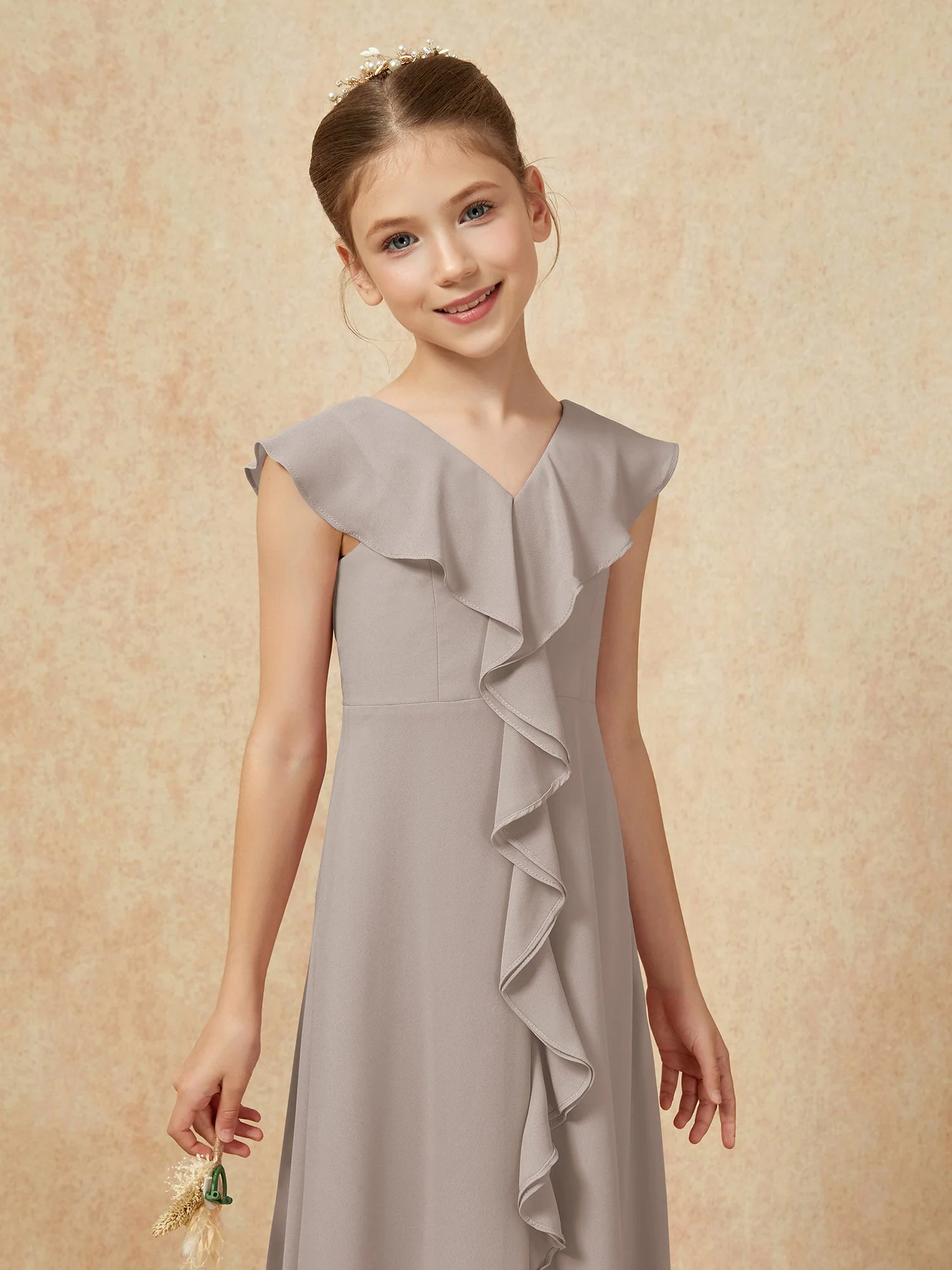 V-Ausschnitt Rüschen Chiffon Junge Brautjungfernkleider mit Schlitz Taupe - Image 6
