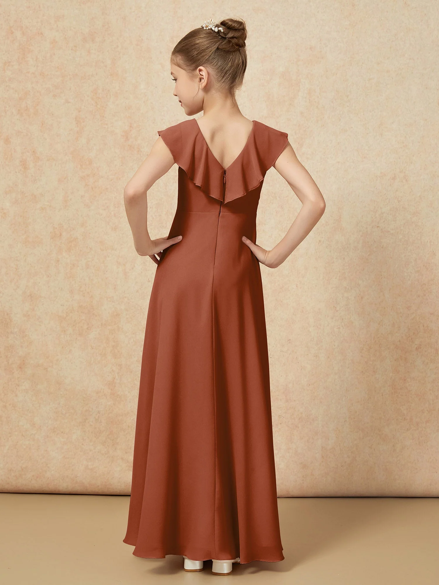 V-Ausschnitt Rüschen Chiffon Junge Brautjungfernkleider mit Schlitz Terrakotta - Image 2