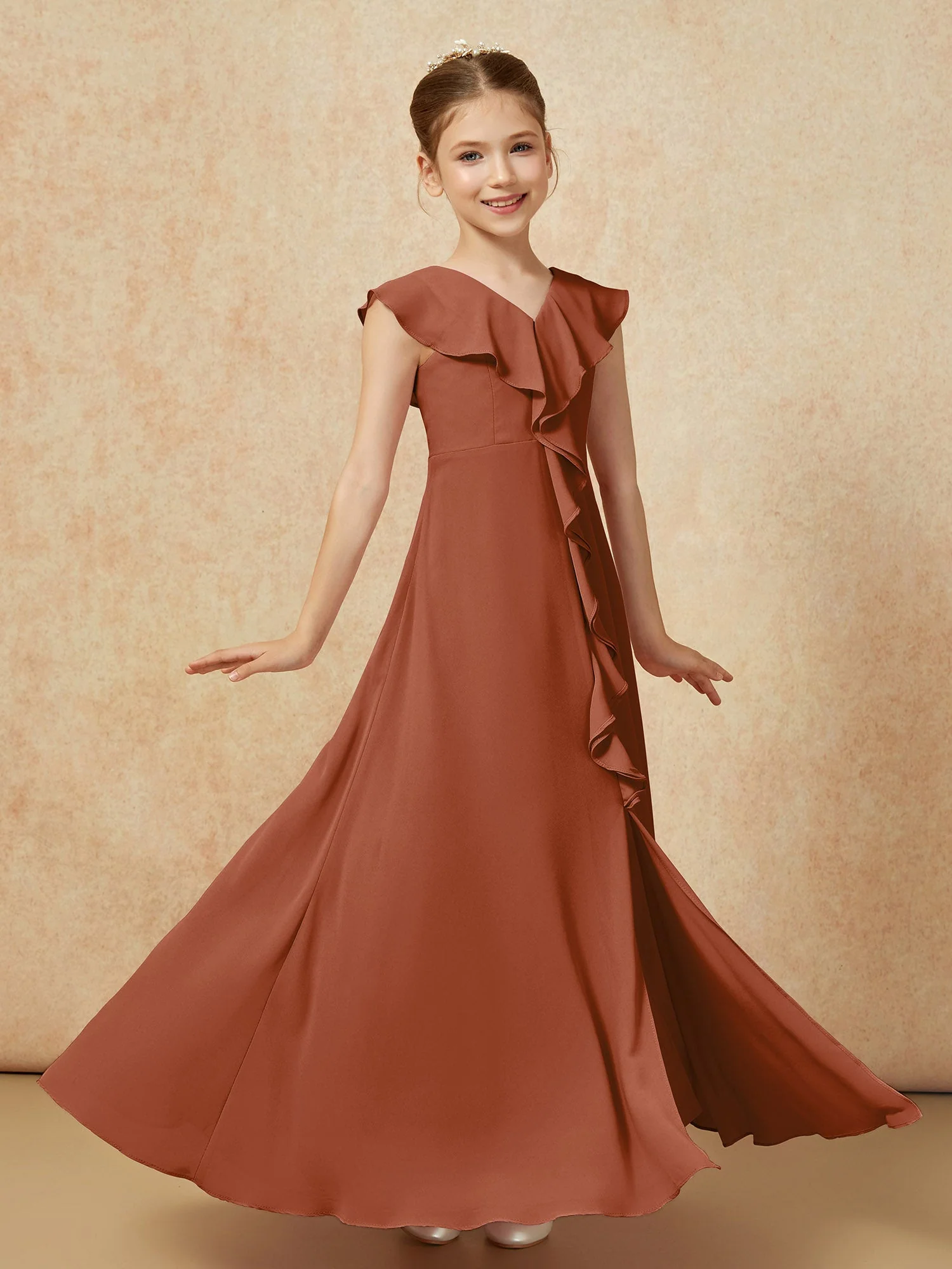 V-Ausschnitt Rüschen Chiffon Junge Brautjungfernkleider mit Schlitz Terrakotta - Image 3