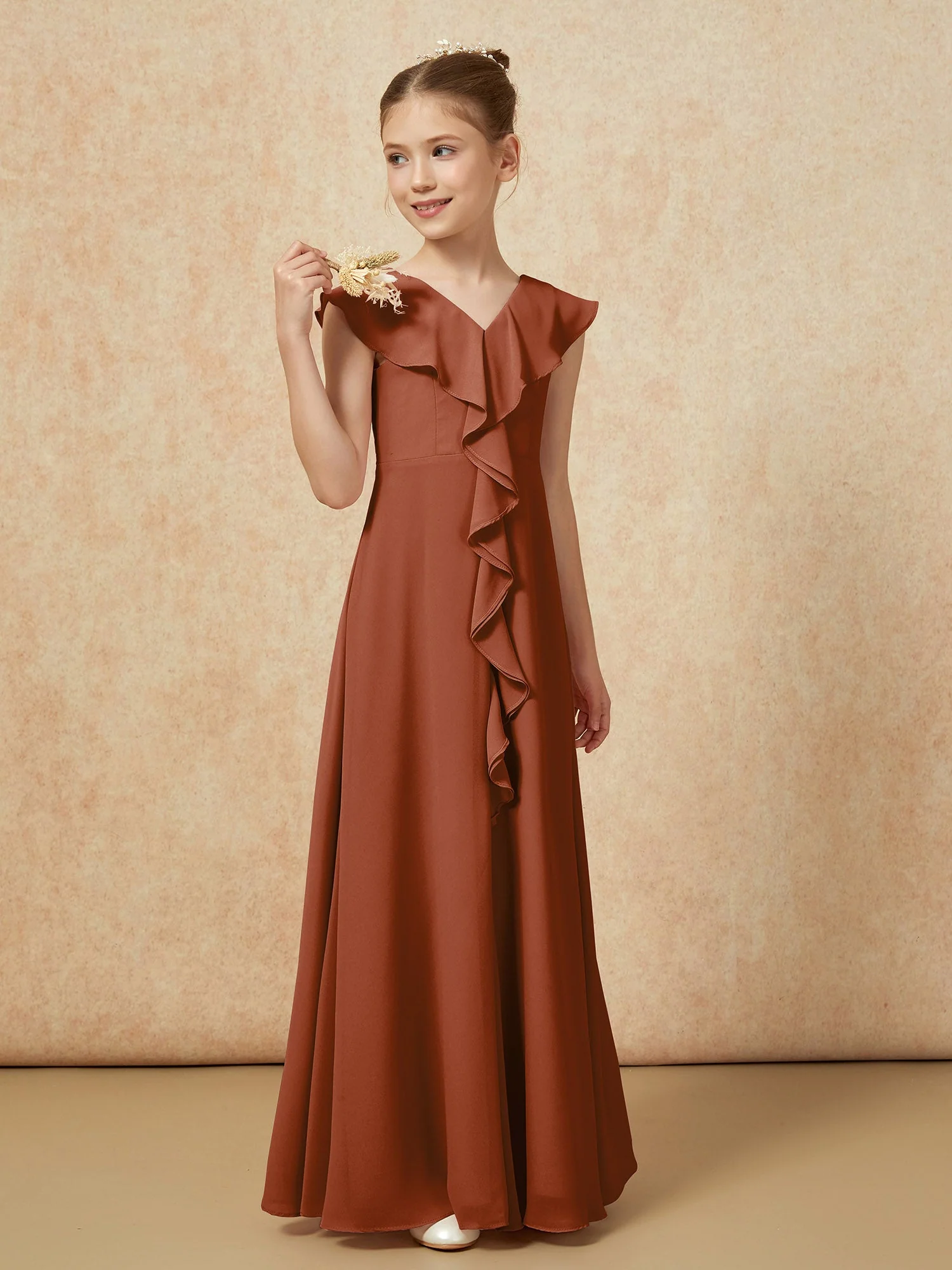 V-Ausschnitt Rüschen Chiffon Junge Brautjungfernkleider mit Schlitz Terrakotta - Image 4