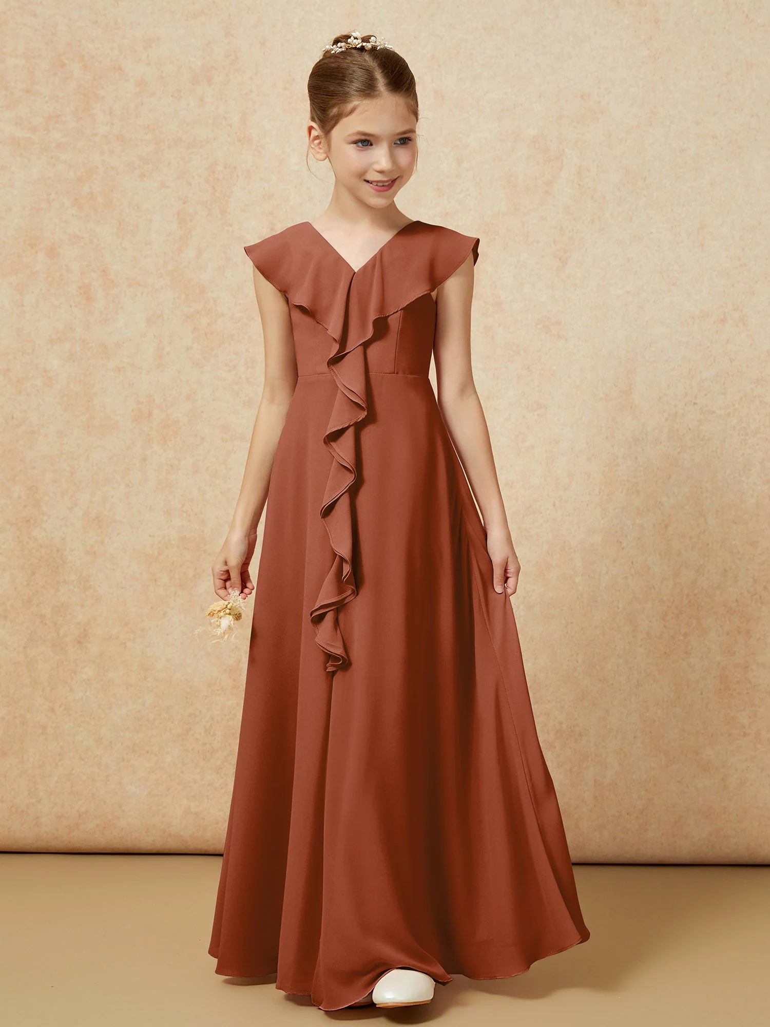 V-Ausschnitt Rüschen Chiffon Junge Brautjungfernkleider mit Schlitz Terrakotta - Image 5