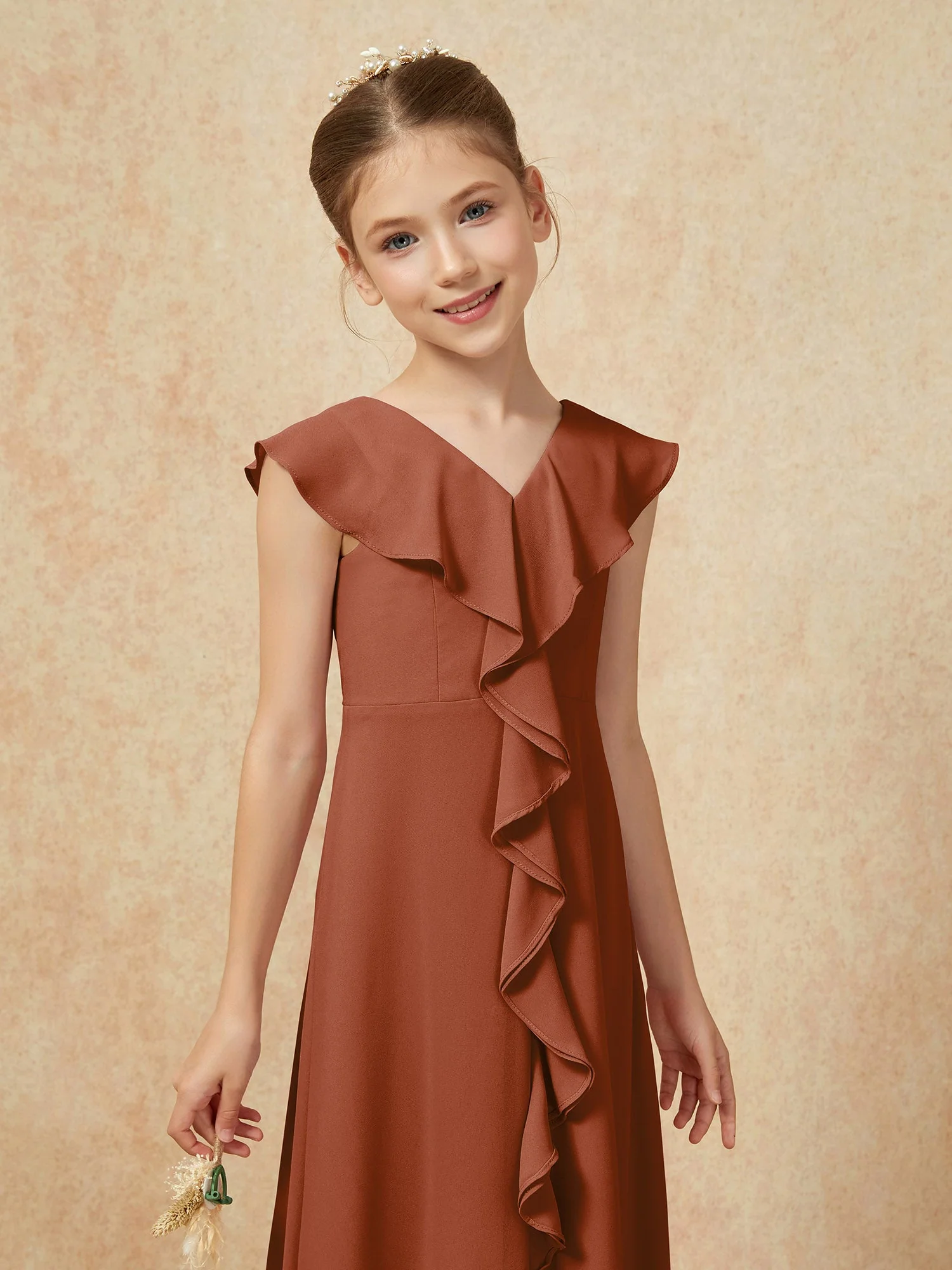 V-Ausschnitt Rüschen Chiffon Junge Brautjungfernkleider mit Schlitz Terrakotta - Image 6
