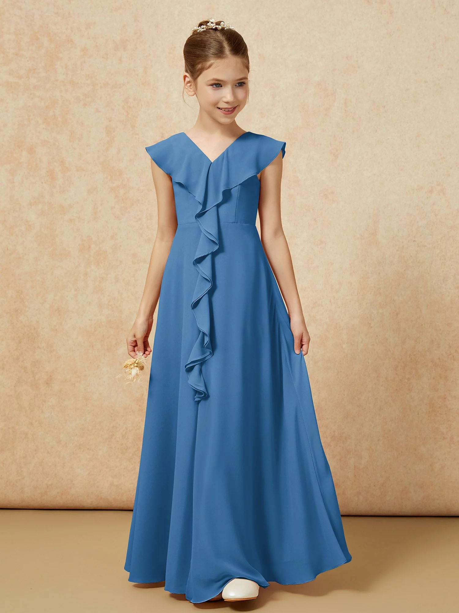 V-Ausschnitt Rüschen Chiffon Junge Brautjungfernkleider mit Schlitz Tinte Blau - Image 5