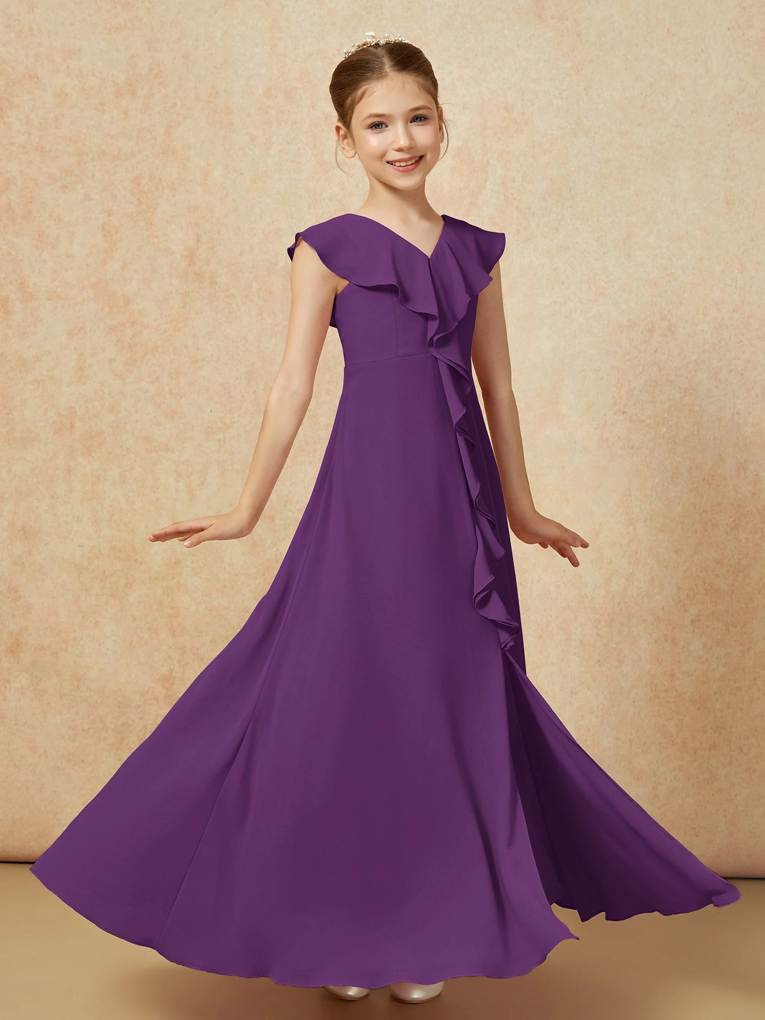 V-Ausschnitt Rüschen Chiffon Junge Brautjungfernkleider mit Schlitz Traube - Image 3