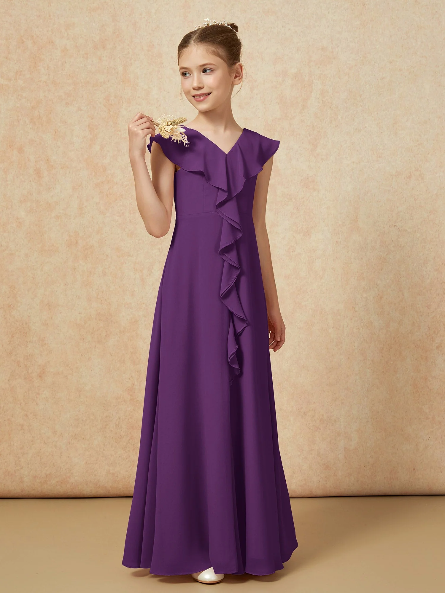 V-Ausschnitt Rüschen Chiffon Junge Brautjungfernkleider mit Schlitz Traube - Image 4