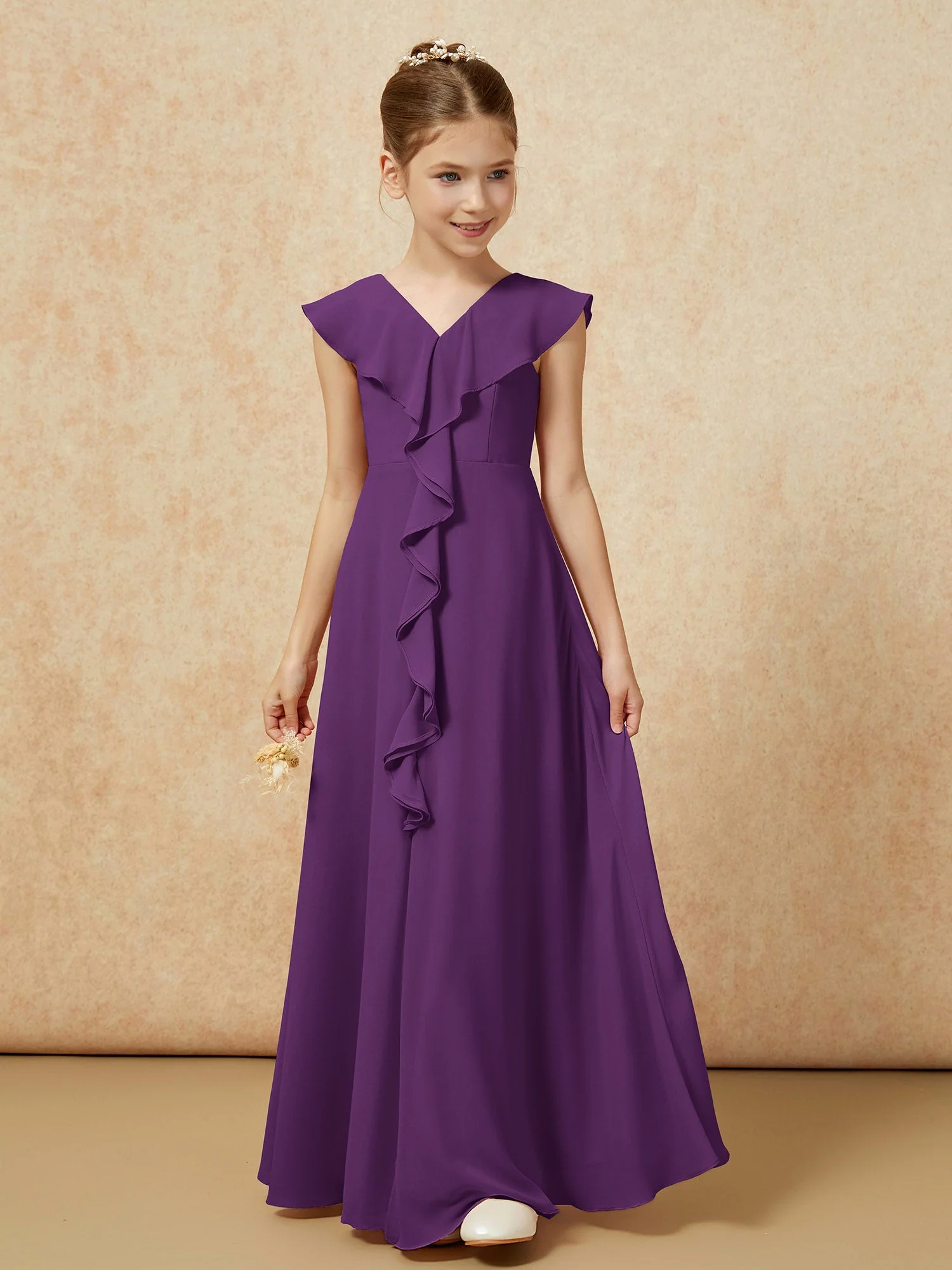 V-Ausschnitt Rüschen Chiffon Junge Brautjungfernkleider mit Schlitz Traube - Image 5