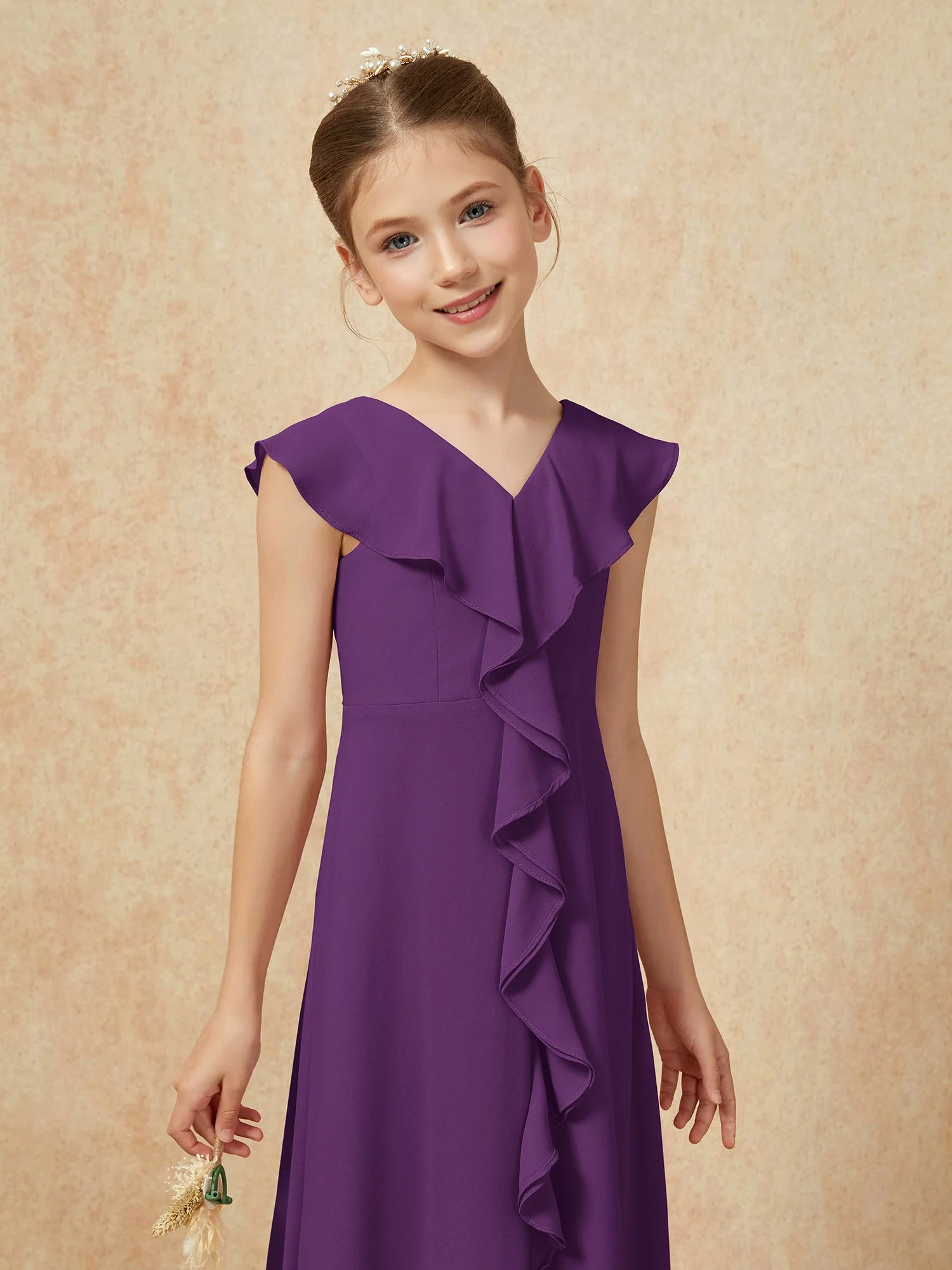 V-Ausschnitt Rüschen Chiffon Junge Brautjungfernkleider mit Schlitz Traube - Image 6