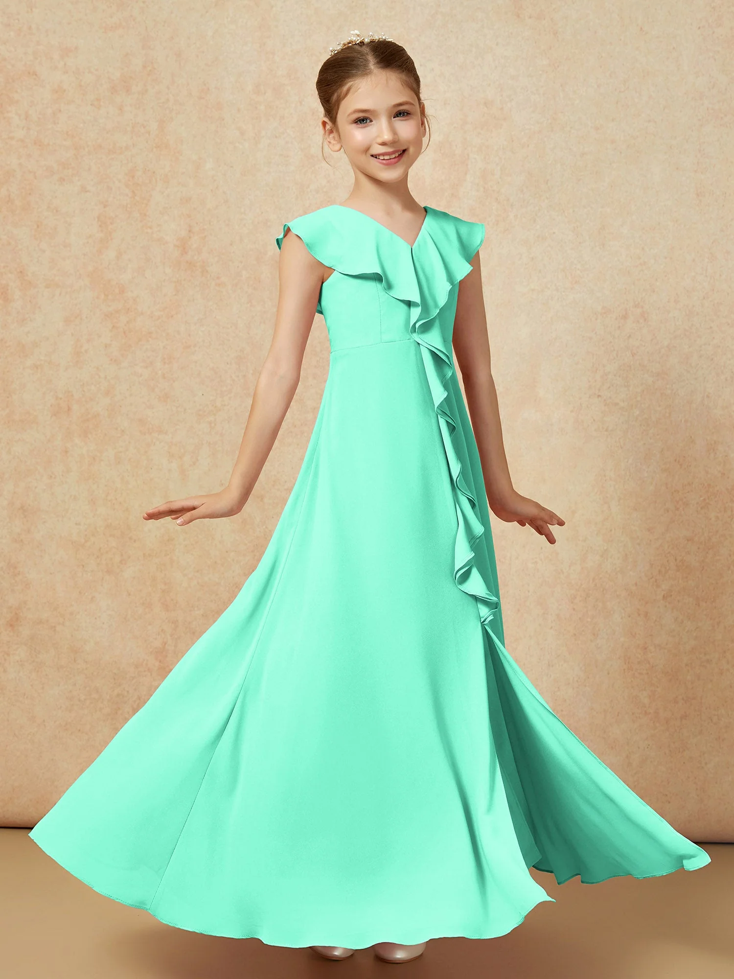 V-Ausschnitt Rüschen Chiffon Junge Brautjungfernkleider mit Schlitz Türkis - Image 3