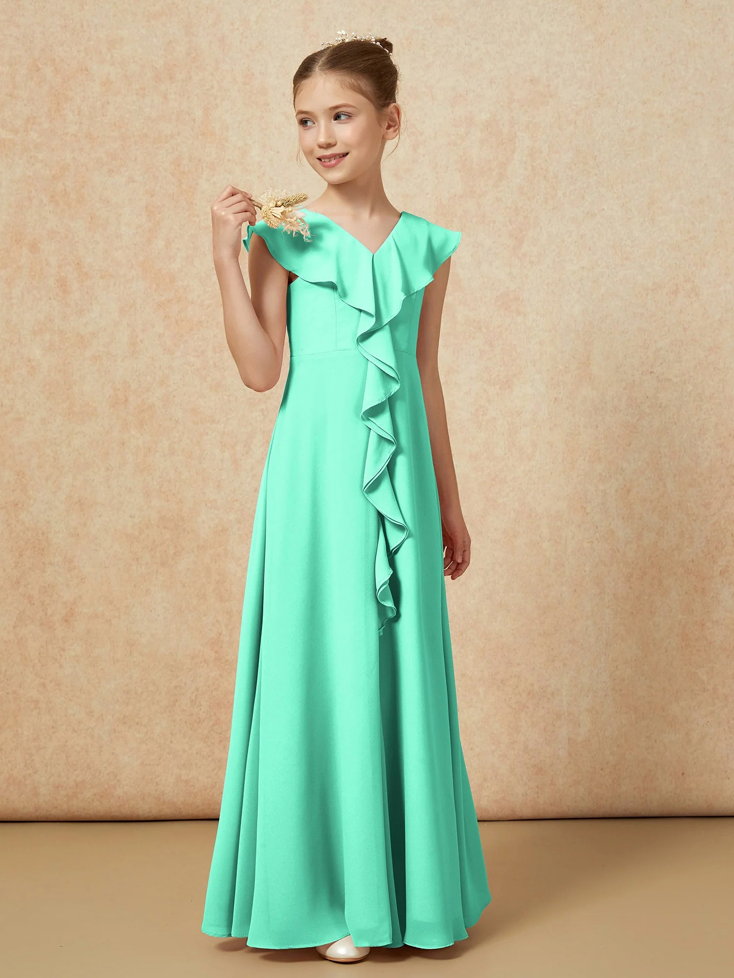 V-Ausschnitt Rüschen Chiffon Junge Brautjungfernkleider mit Schlitz Türkis - Image 4
