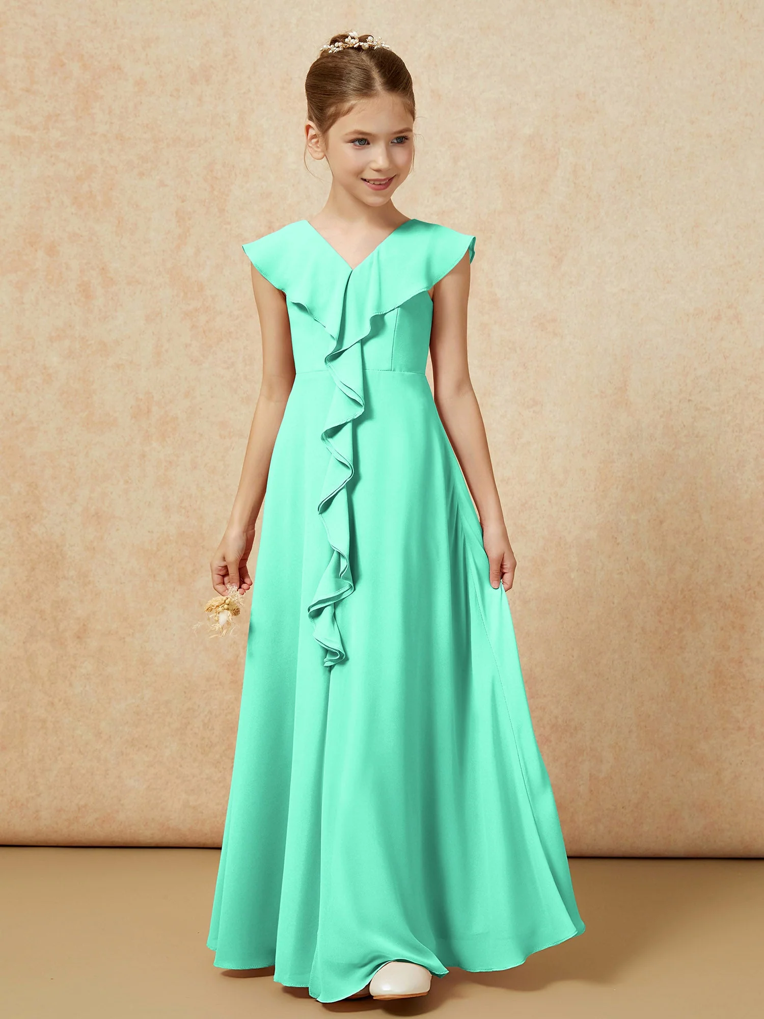 V-Ausschnitt Rüschen Chiffon Junge Brautjungfernkleider mit Schlitz Türkis - Image 5