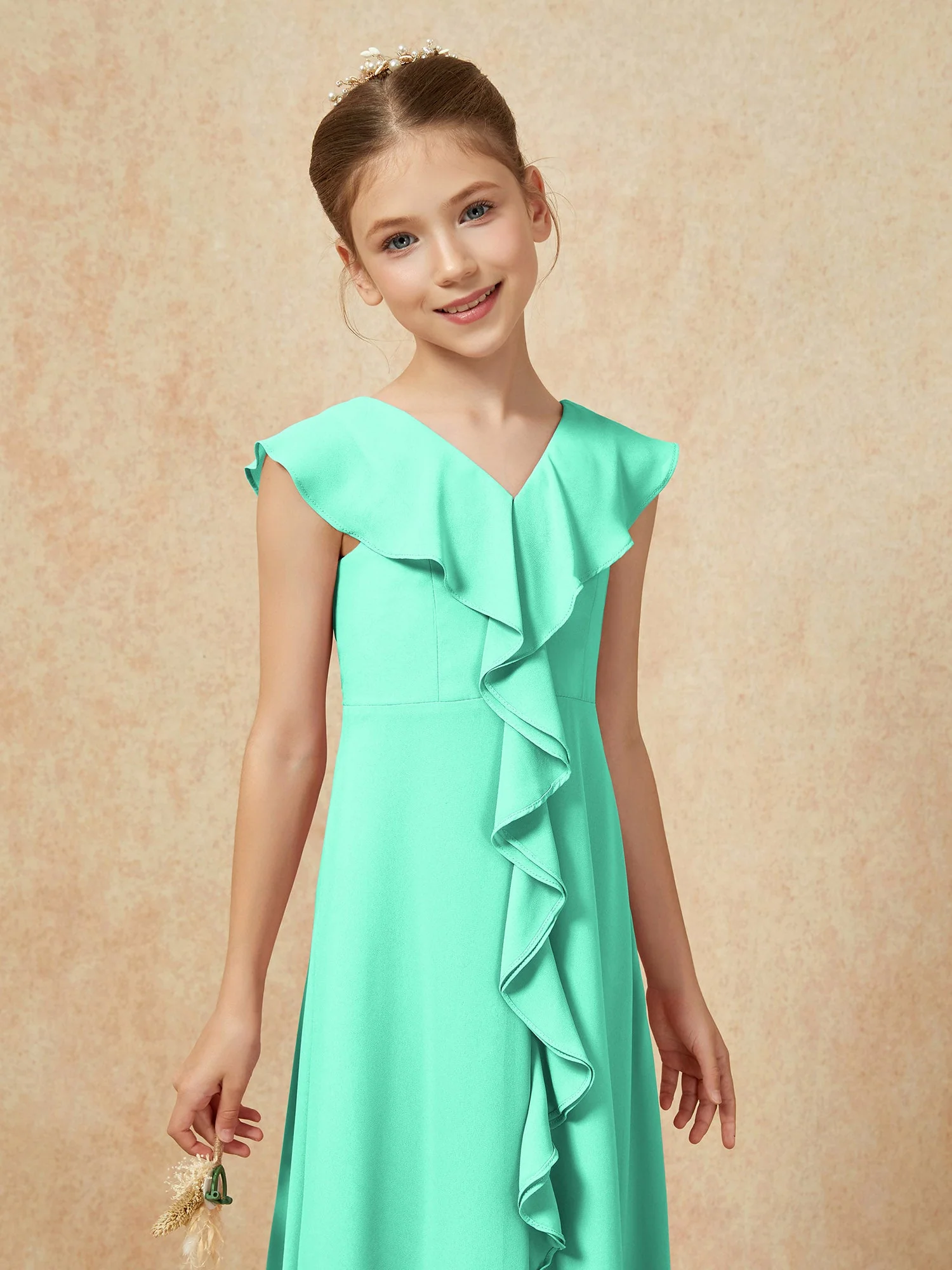 V-Ausschnitt Rüschen Chiffon Junge Brautjungfernkleider mit Schlitz Türkis - Image 6