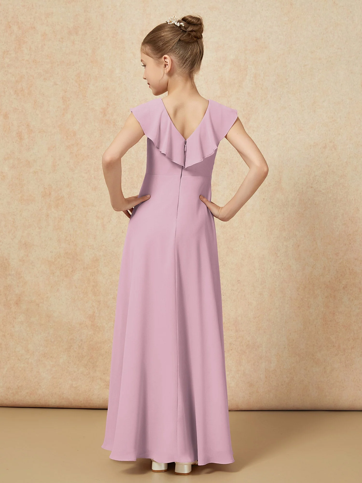 V-Ausschnitt Rüschen Chiffon Junge Brautjungfernkleider mit Schlitz Vintage Mauve - Image 2
