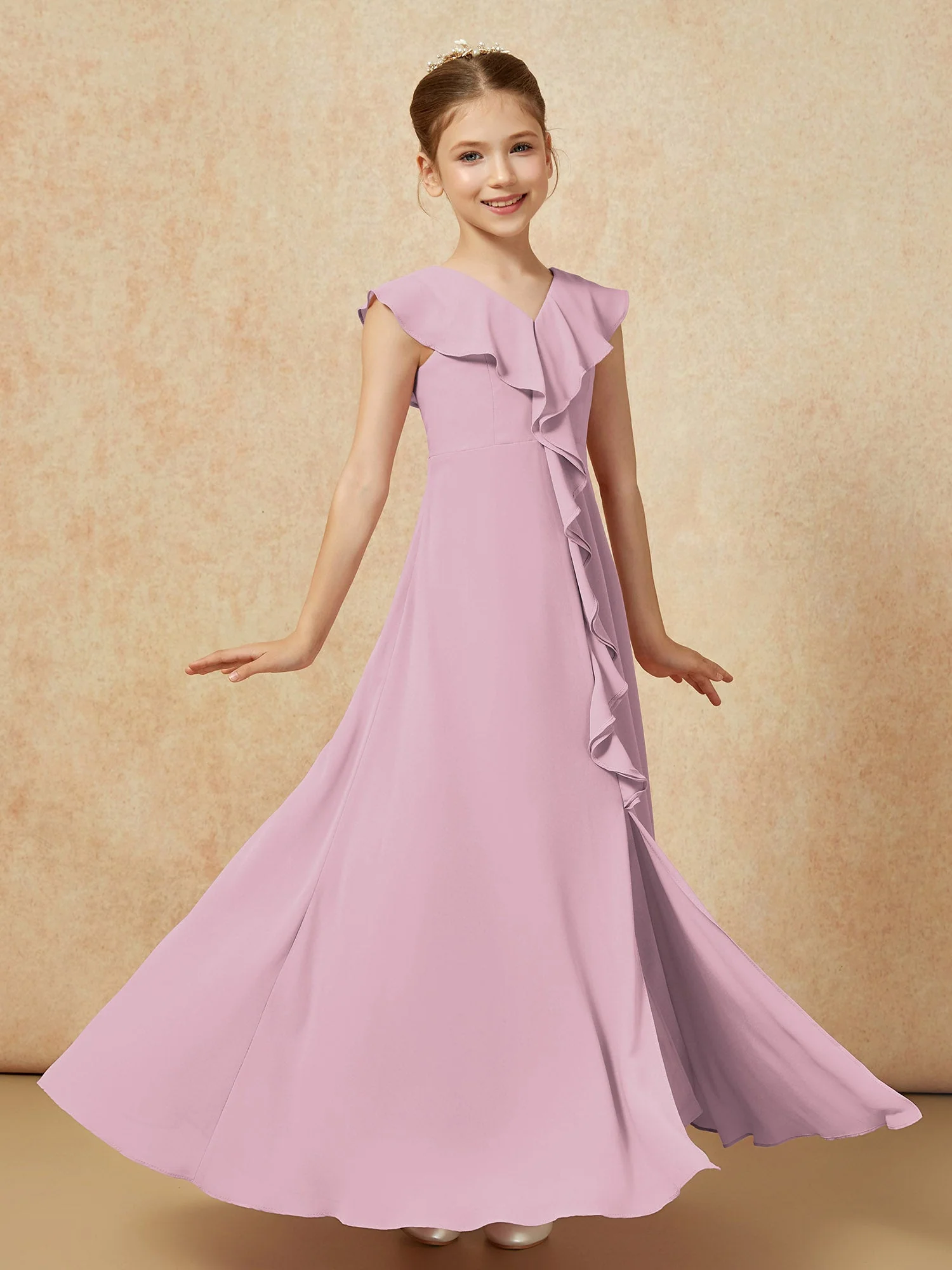 V-Ausschnitt Rüschen Chiffon Junge Brautjungfernkleider mit Schlitz Vintage Mauve - Image 3
