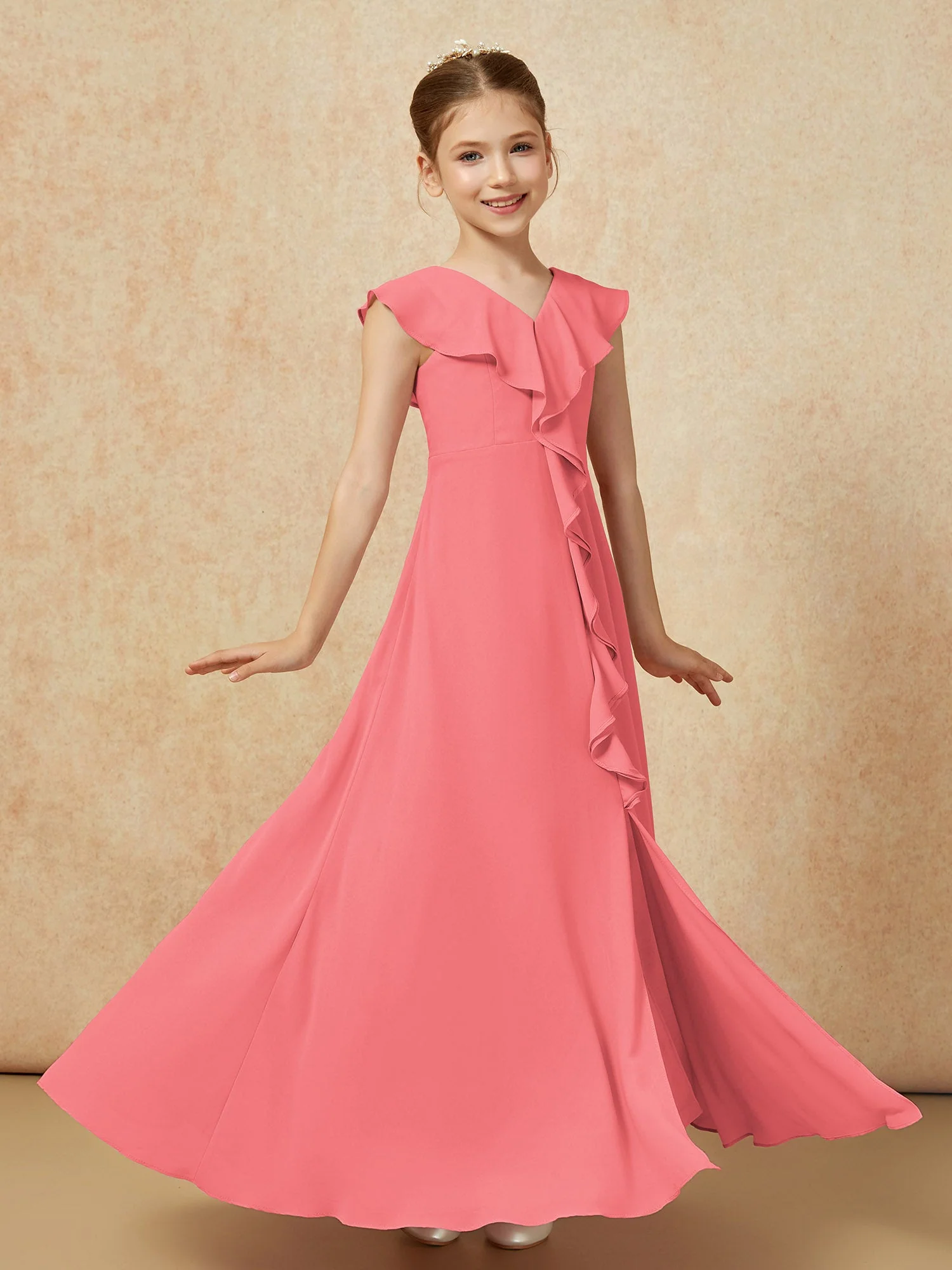 V-Ausschnitt Rüschen Chiffon Junge Brautjungfernkleider mit Schlitz Wassermelone - Image 3