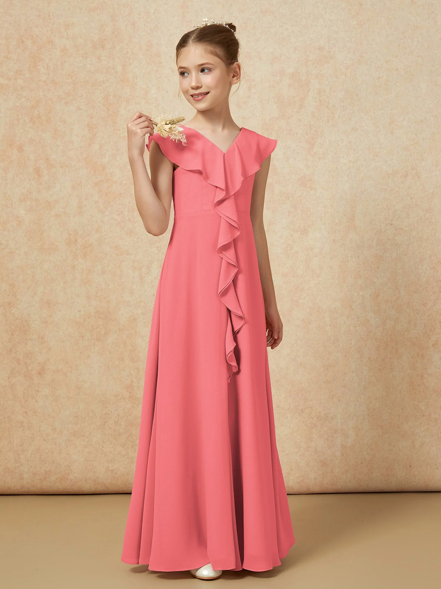 V-Ausschnitt Rüschen Chiffon Junge Brautjungfernkleider mit Schlitz Wassermelone - Image 4