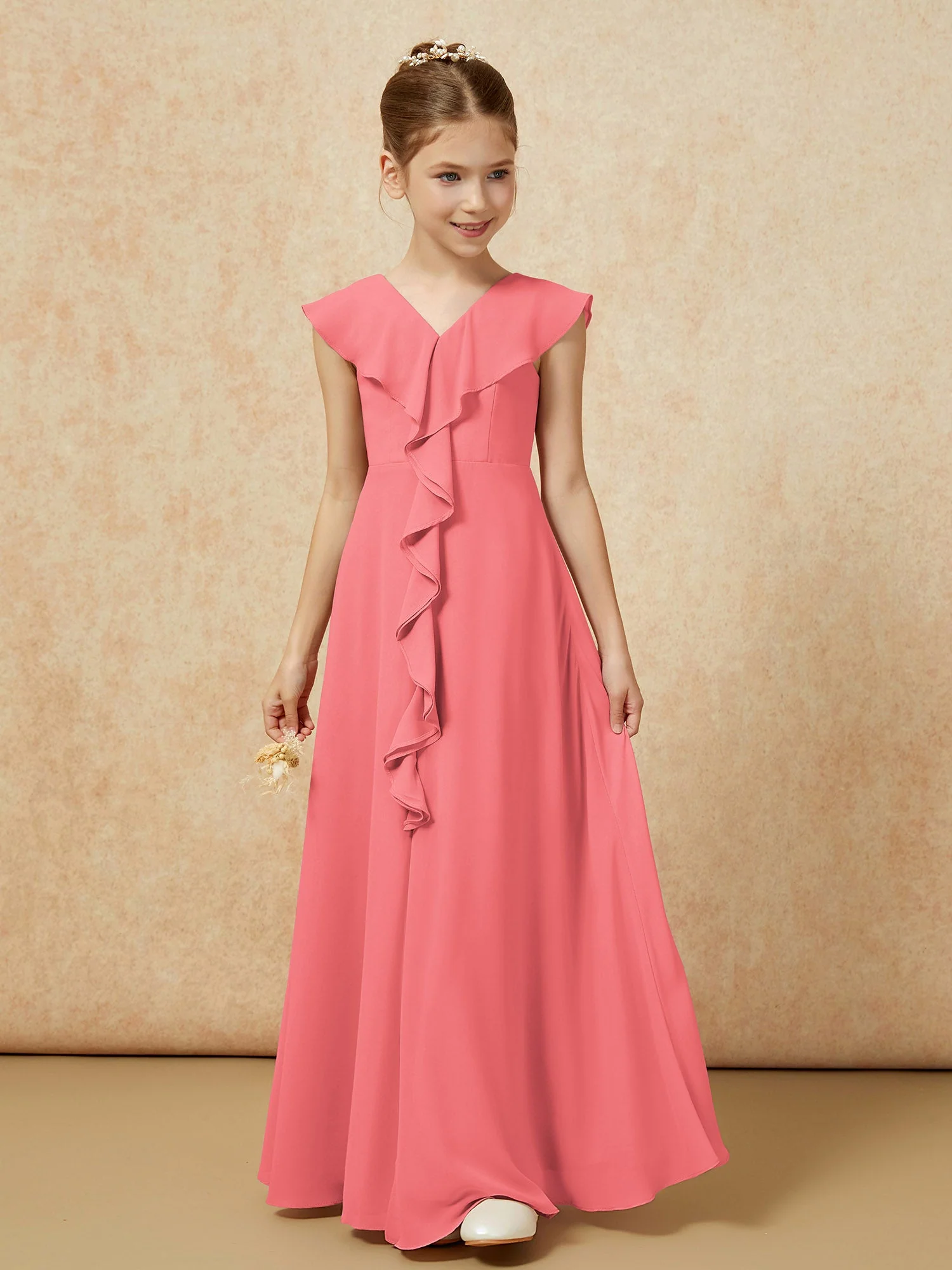V-Ausschnitt Rüschen Chiffon Junge Brautjungfernkleider mit Schlitz Wassermelone - Image 5