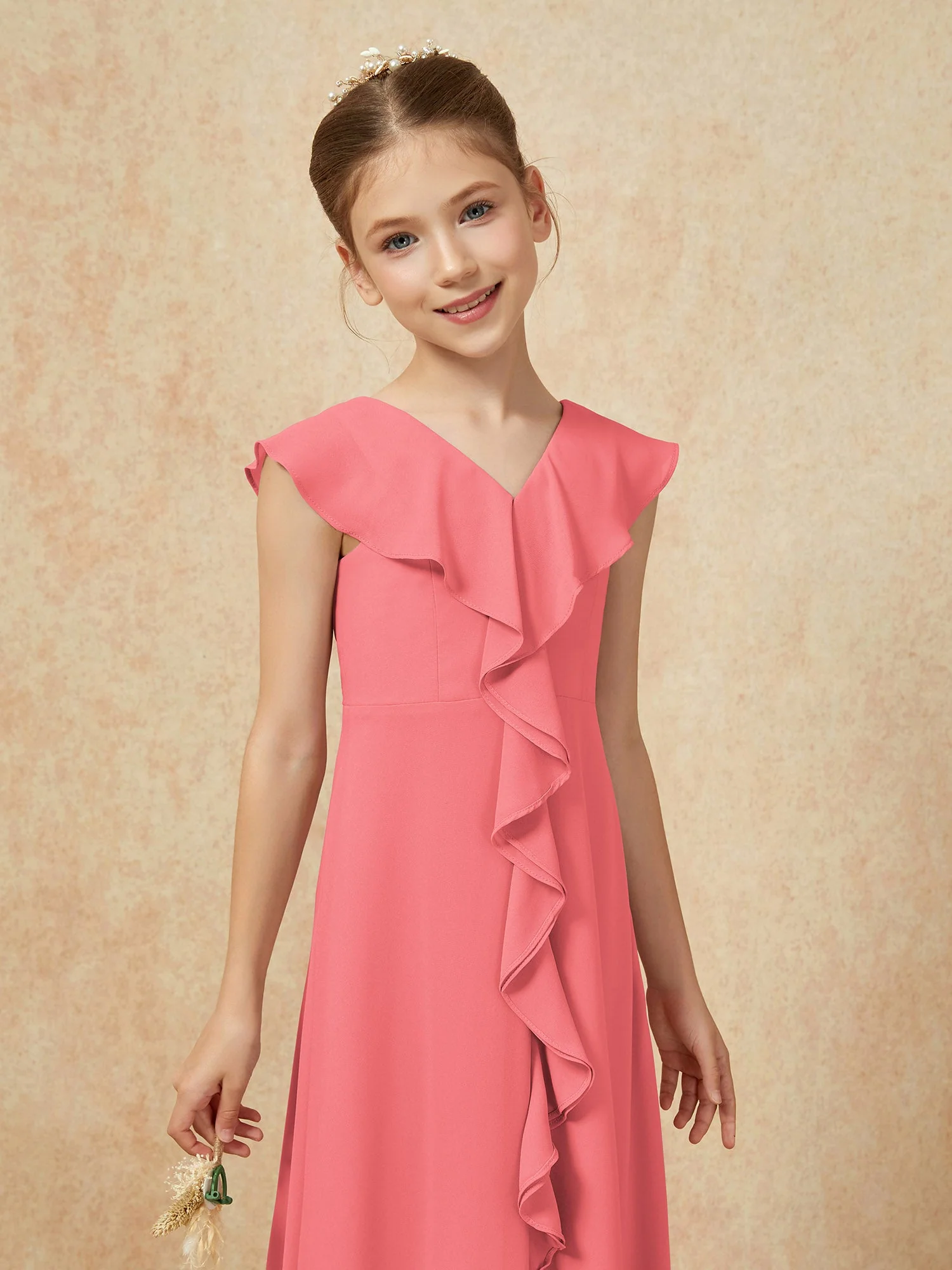 V-Ausschnitt Rüschen Chiffon Junge Brautjungfernkleider mit Schlitz Wassermelone - Image 6