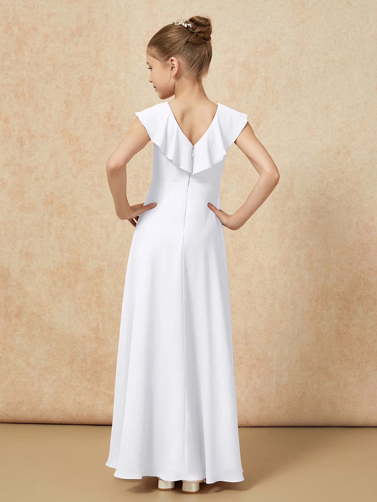 V-Ausschnitt Rüschen Chiffon Junge Brautjungfernkleider mit Schlitz Weiß - Image 2