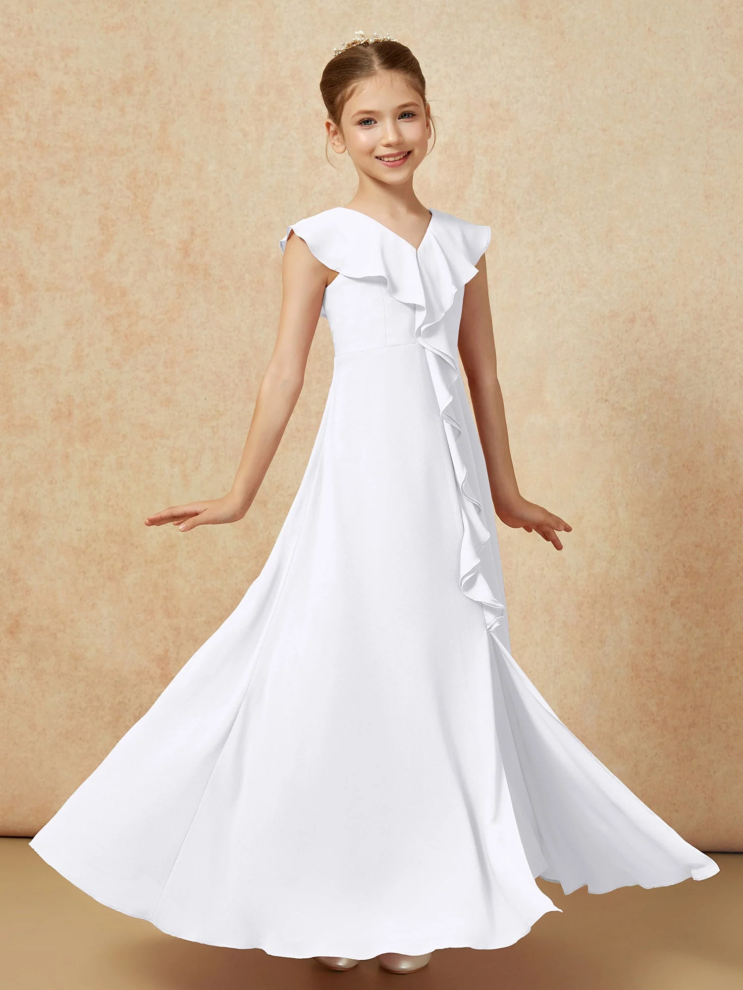 V-Ausschnitt Rüschen Chiffon Junge Brautjungfernkleider mit Schlitz Weiß - Image 3