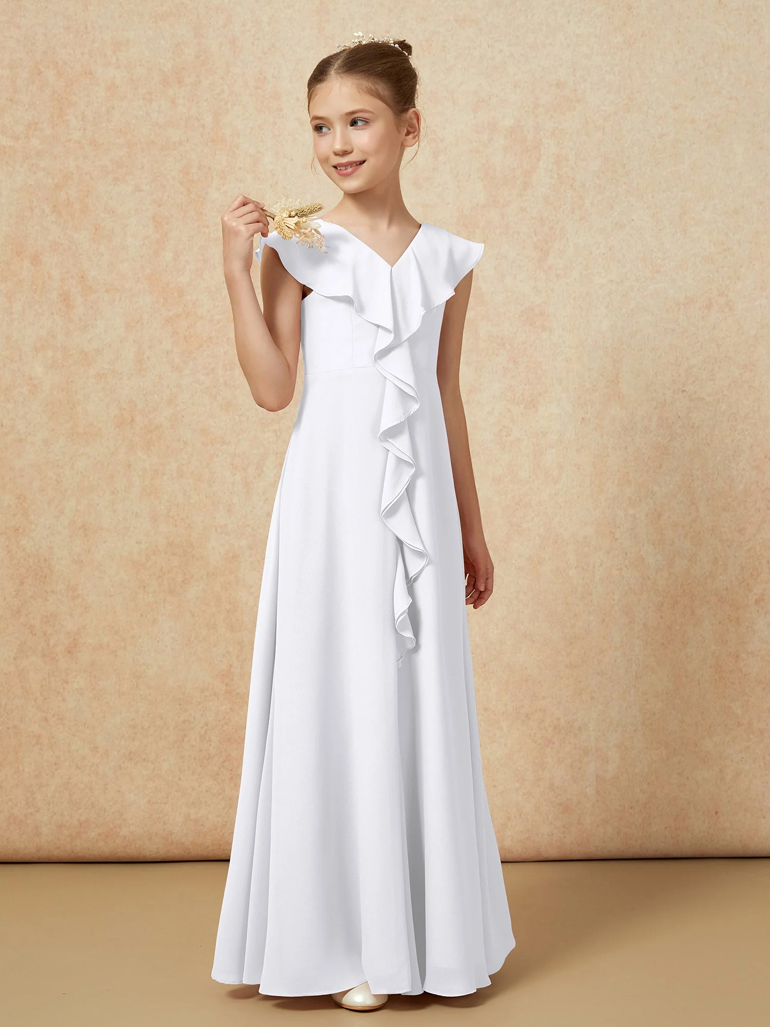 V-Ausschnitt Rüschen Chiffon Junge Brautjungfernkleider mit Schlitz Weiß - Image 4