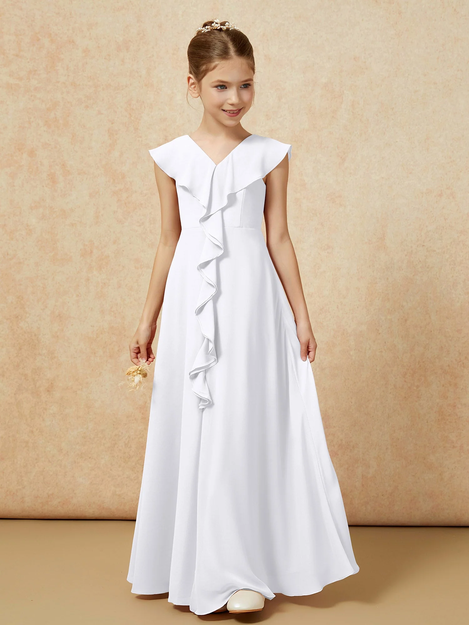 V-Ausschnitt Rüschen Chiffon Junge Brautjungfernkleider mit Schlitz Weiß - Image 5