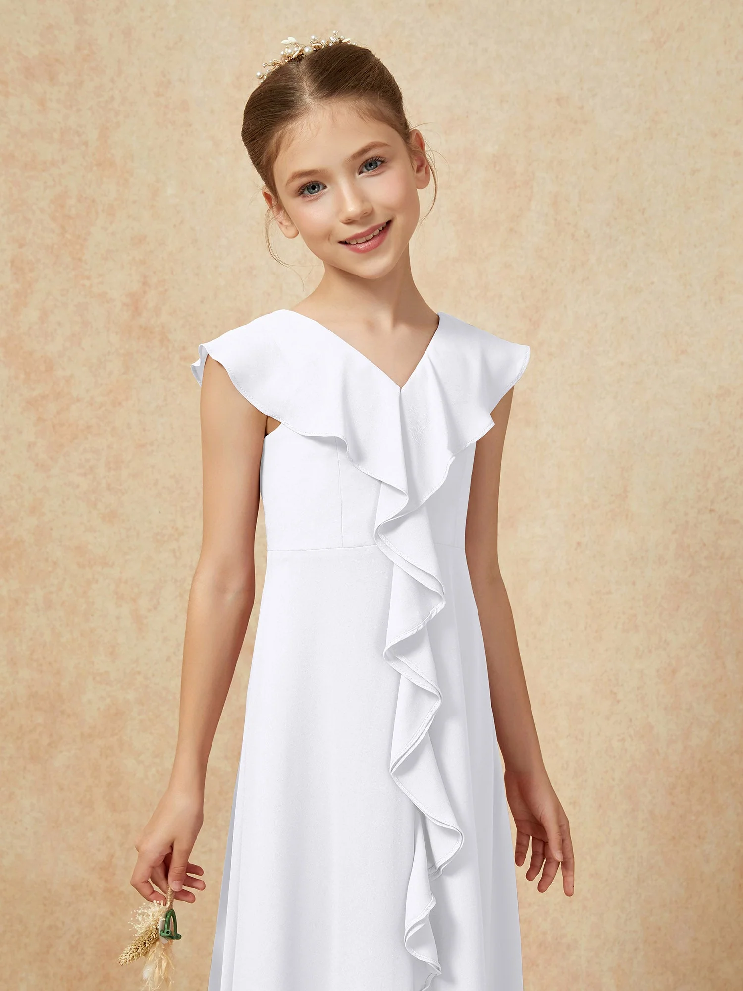 V-Ausschnitt Rüschen Chiffon Junge Brautjungfernkleider mit Schlitz Weiß - Image 6