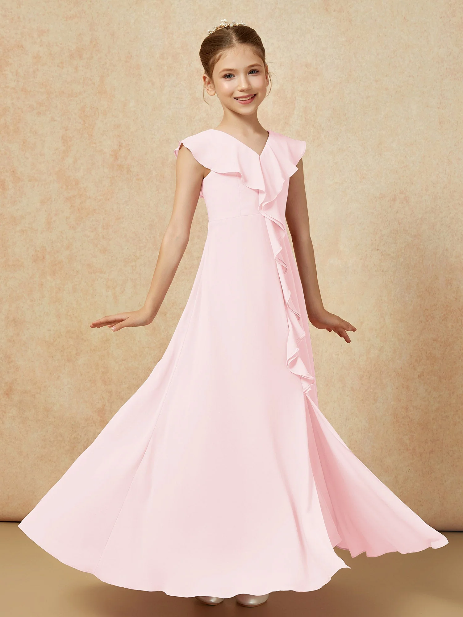 V-Ausschnitt Rüschen Chiffon Junge Brautjungfernkleider mit Schlitz Zartrosa - Image 3
