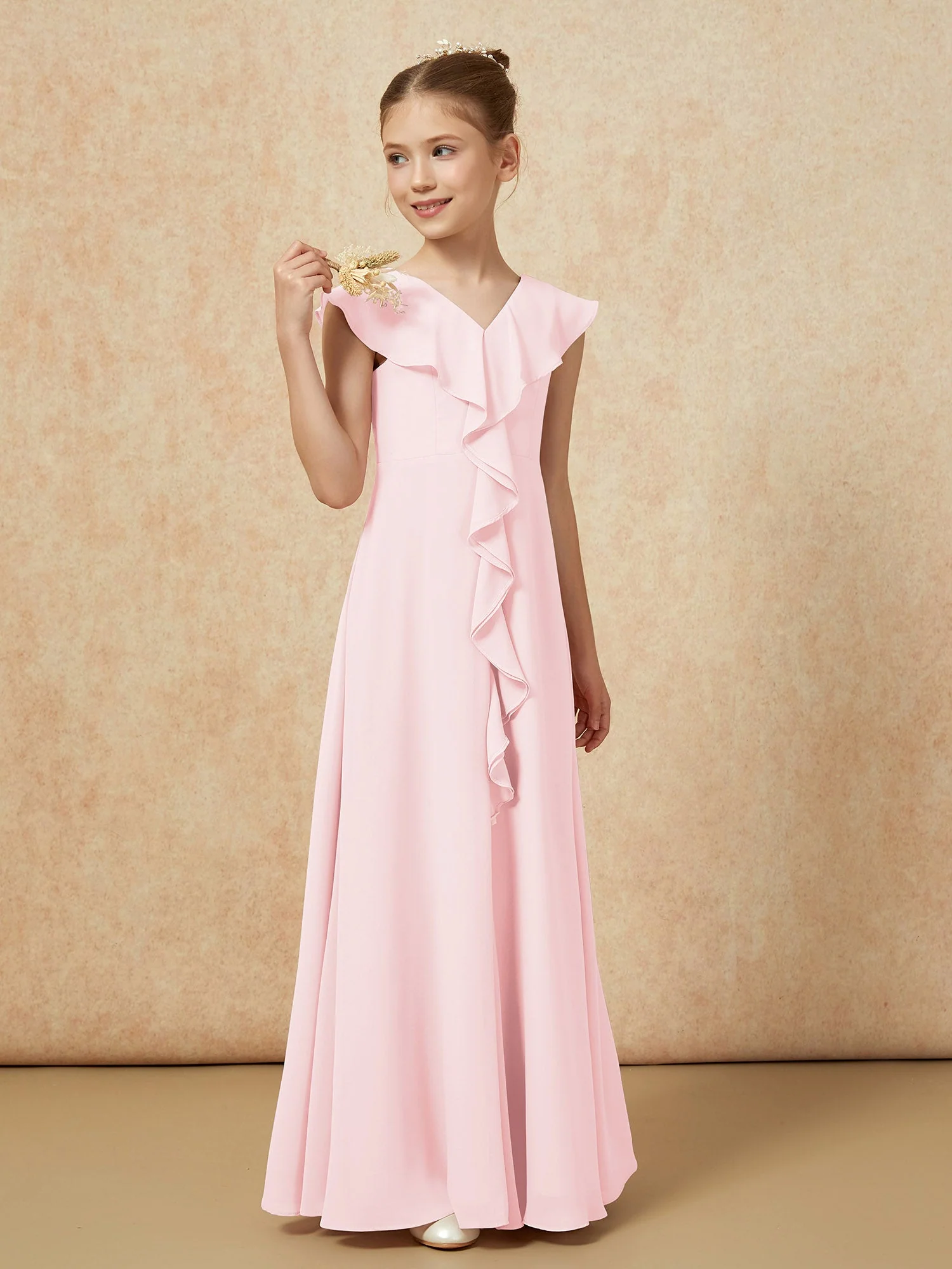 V-Ausschnitt Rüschen Chiffon Junge Brautjungfernkleider mit Schlitz Zartrosa - Image 4