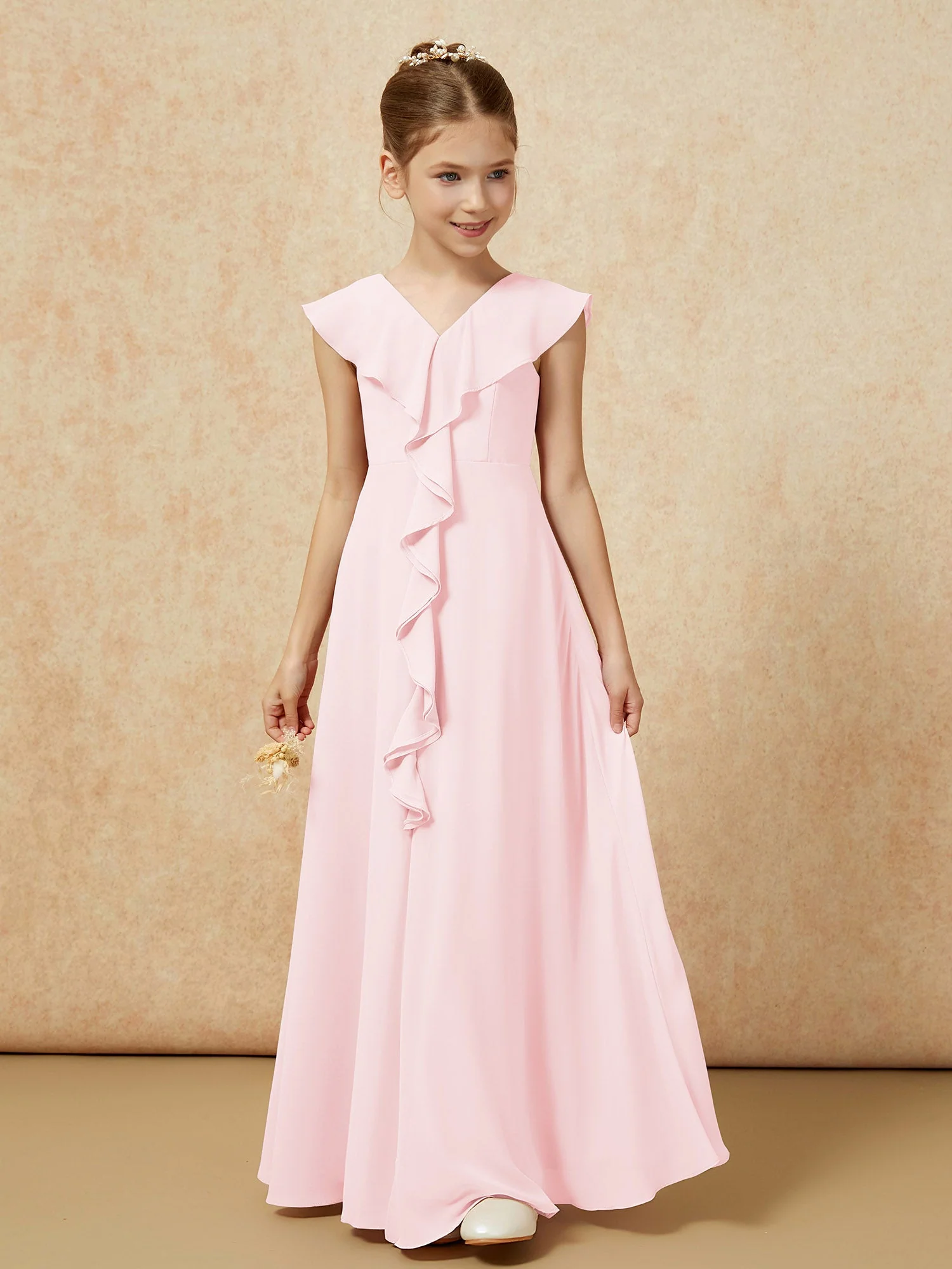 V-Ausschnitt Rüschen Chiffon Junge Brautjungfernkleider mit Schlitz Zartrosa - Image 5