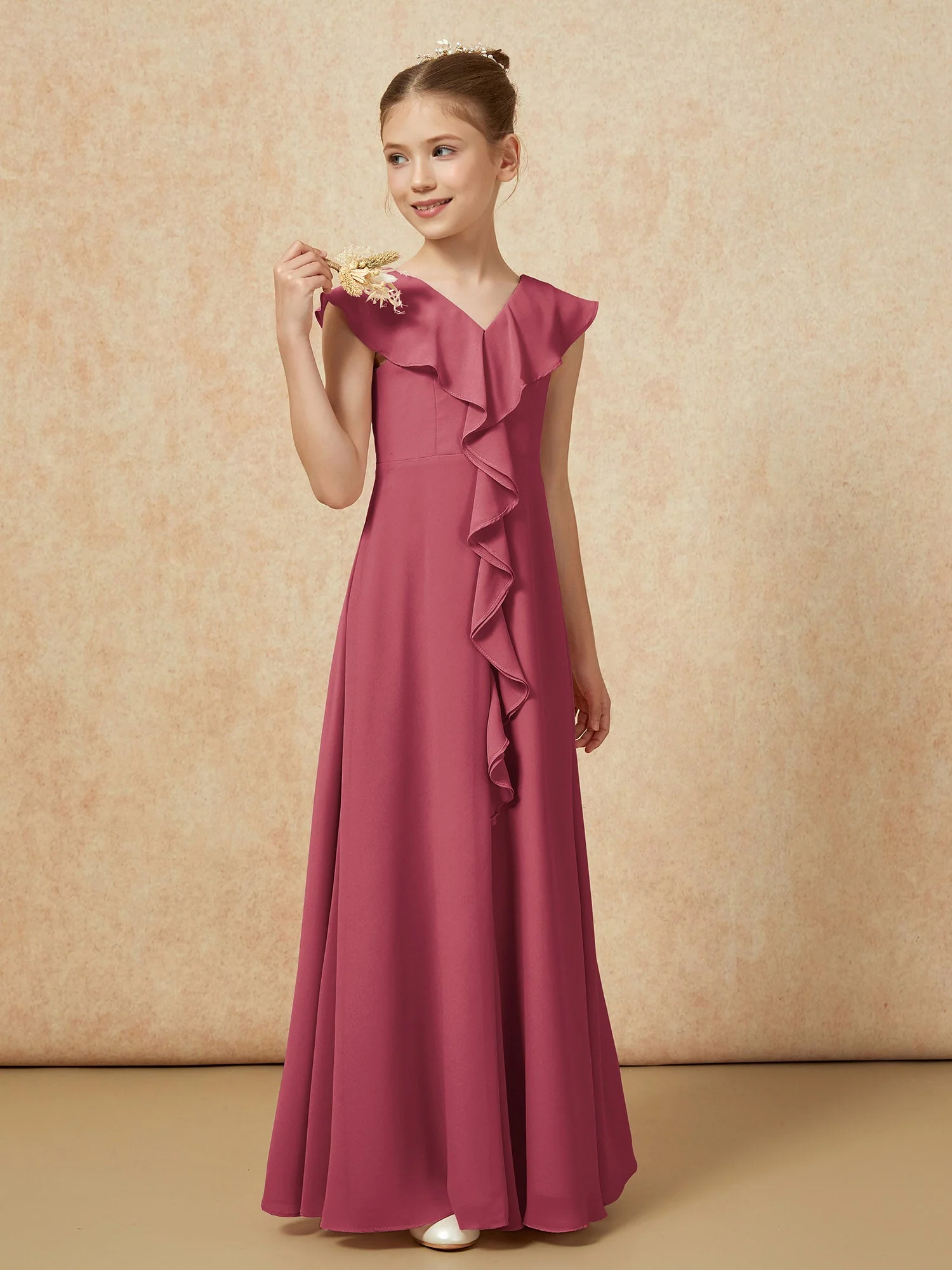 V-Ausschnitt Rüschen Chiffon Junge Brautjungfernkleider mit Schlitz Zimtrose - Image 4