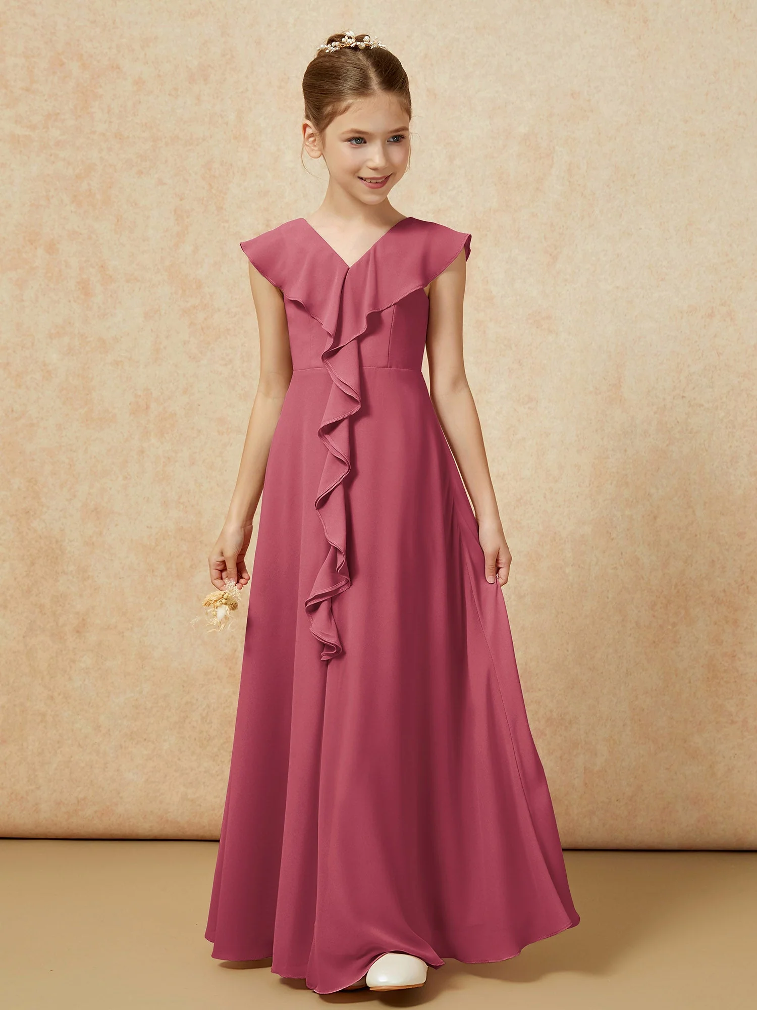 V-Ausschnitt Rüschen Chiffon Junge Brautjungfernkleider mit Schlitz Zimtrose - Image 5