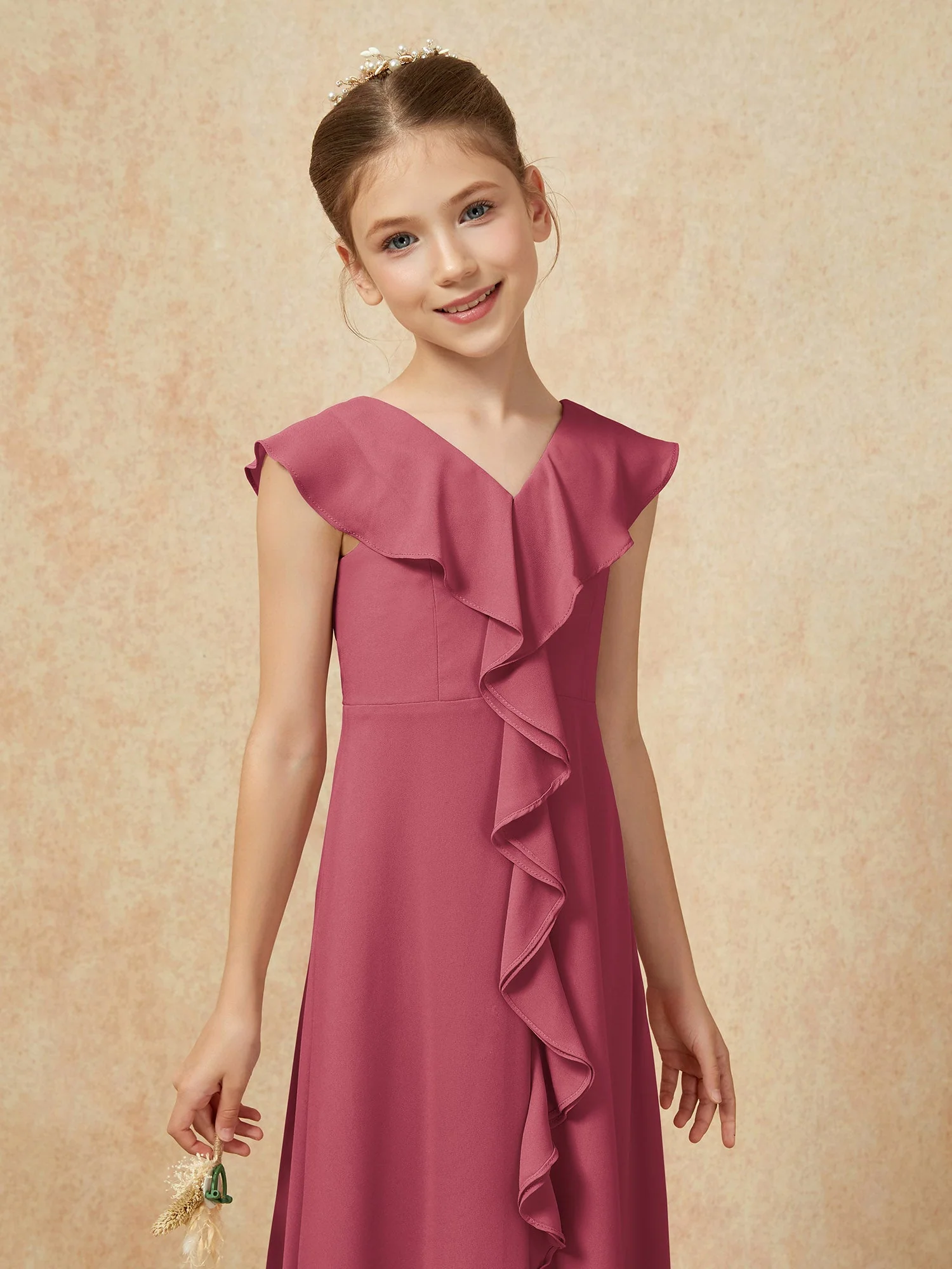 V-Ausschnitt Rüschen Chiffon Junge Brautjungfernkleider mit Schlitz Zimtrose - Image 6