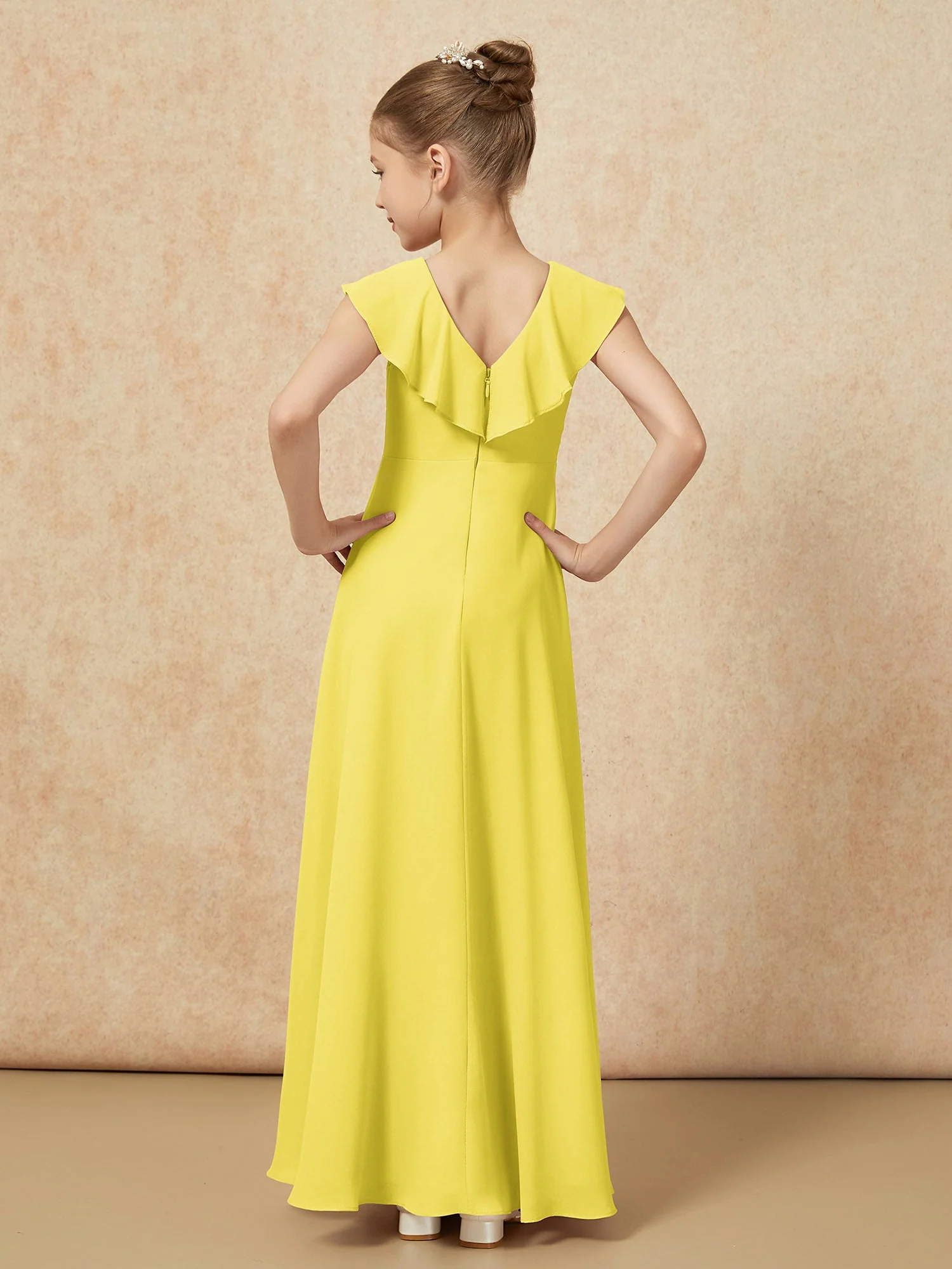 V-Ausschnitt Rüschen Chiffon Junge Brautjungfernkleider mit Schlitz Zitrone - Image 2