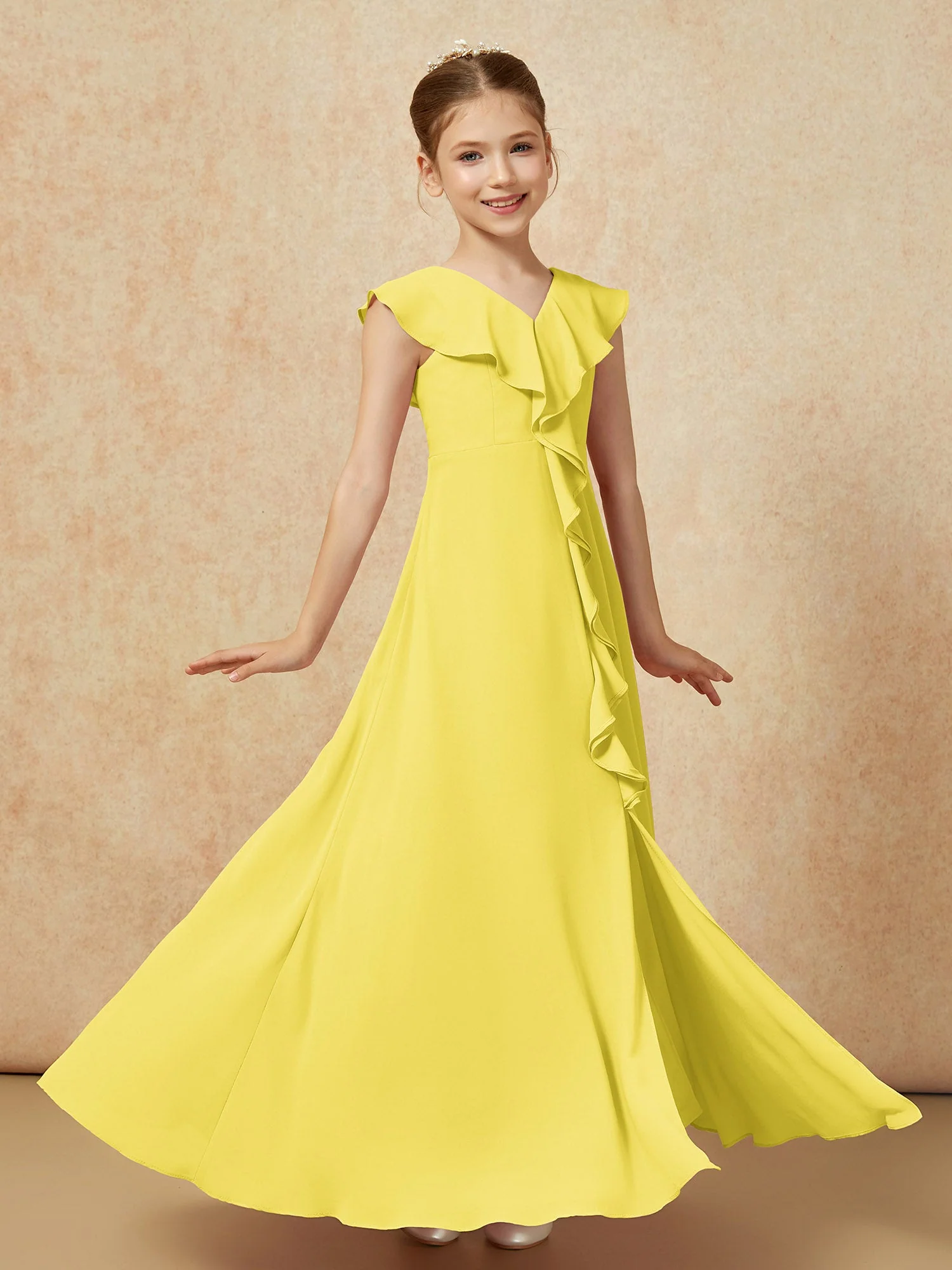 V-Ausschnitt Rüschen Chiffon Junge Brautjungfernkleider mit Schlitz Zitrone - Image 3