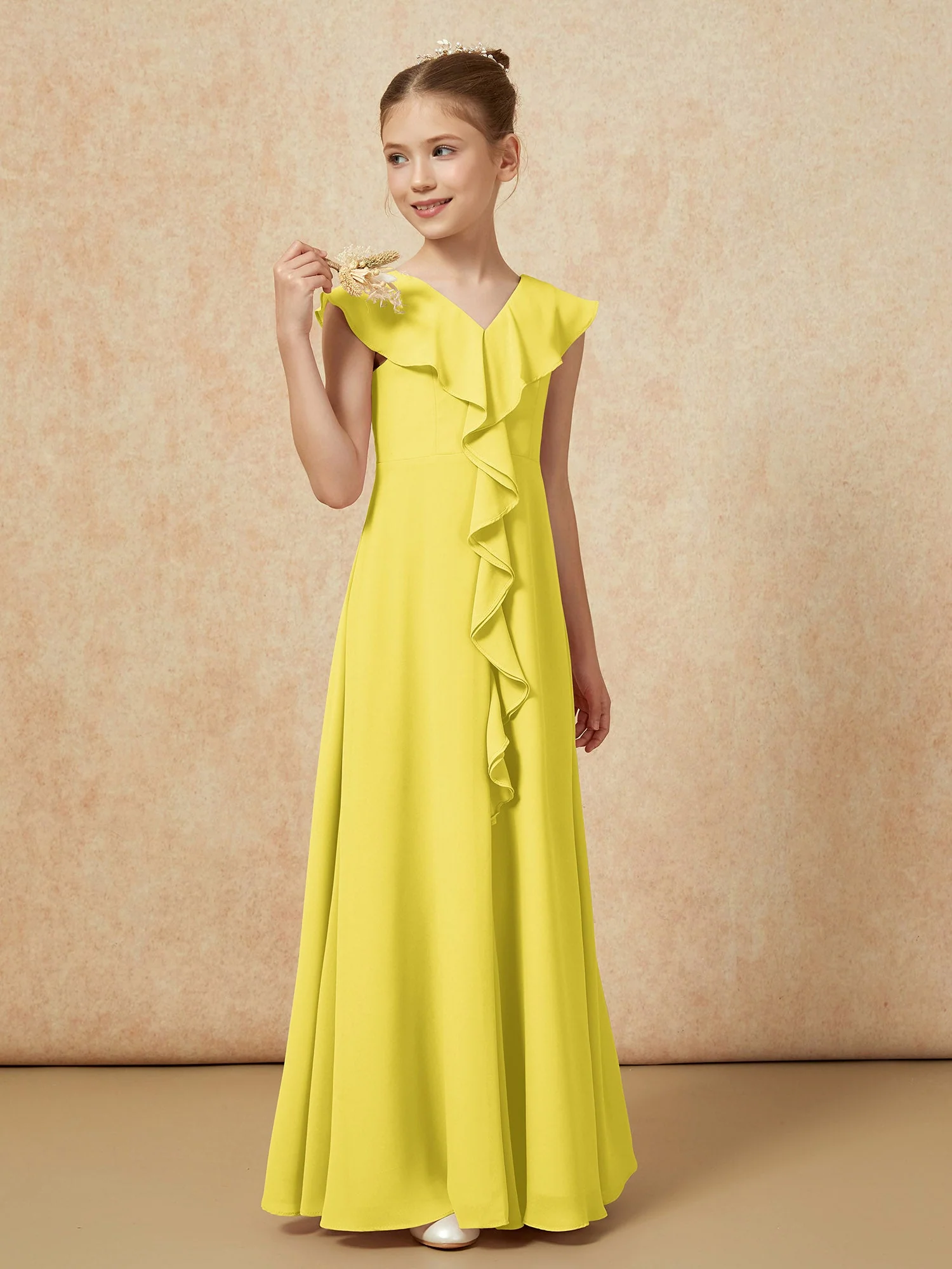 V-Ausschnitt Rüschen Chiffon Junge Brautjungfernkleider mit Schlitz Zitrone - Image 4