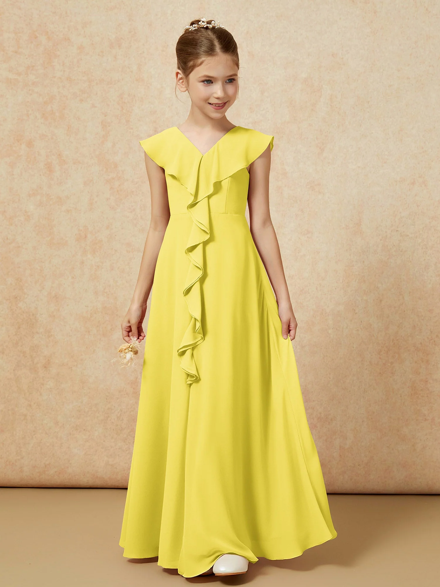 V-Ausschnitt Rüschen Chiffon Junge Brautjungfernkleider mit Schlitz Zitrone - Image 5