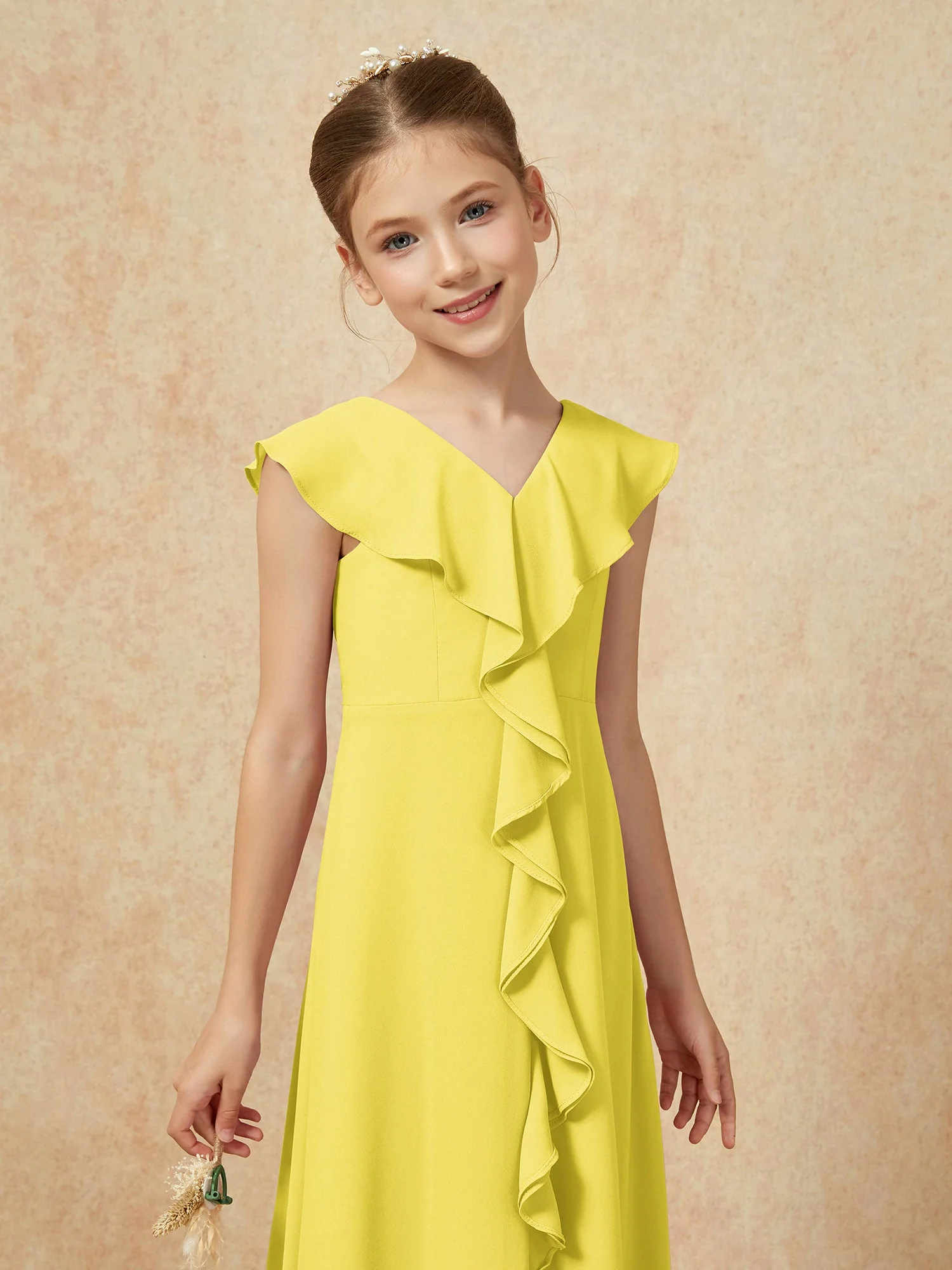 V-Ausschnitt Rüschen Chiffon Junge Brautjungfernkleider mit Schlitz Zitrone - Image 6