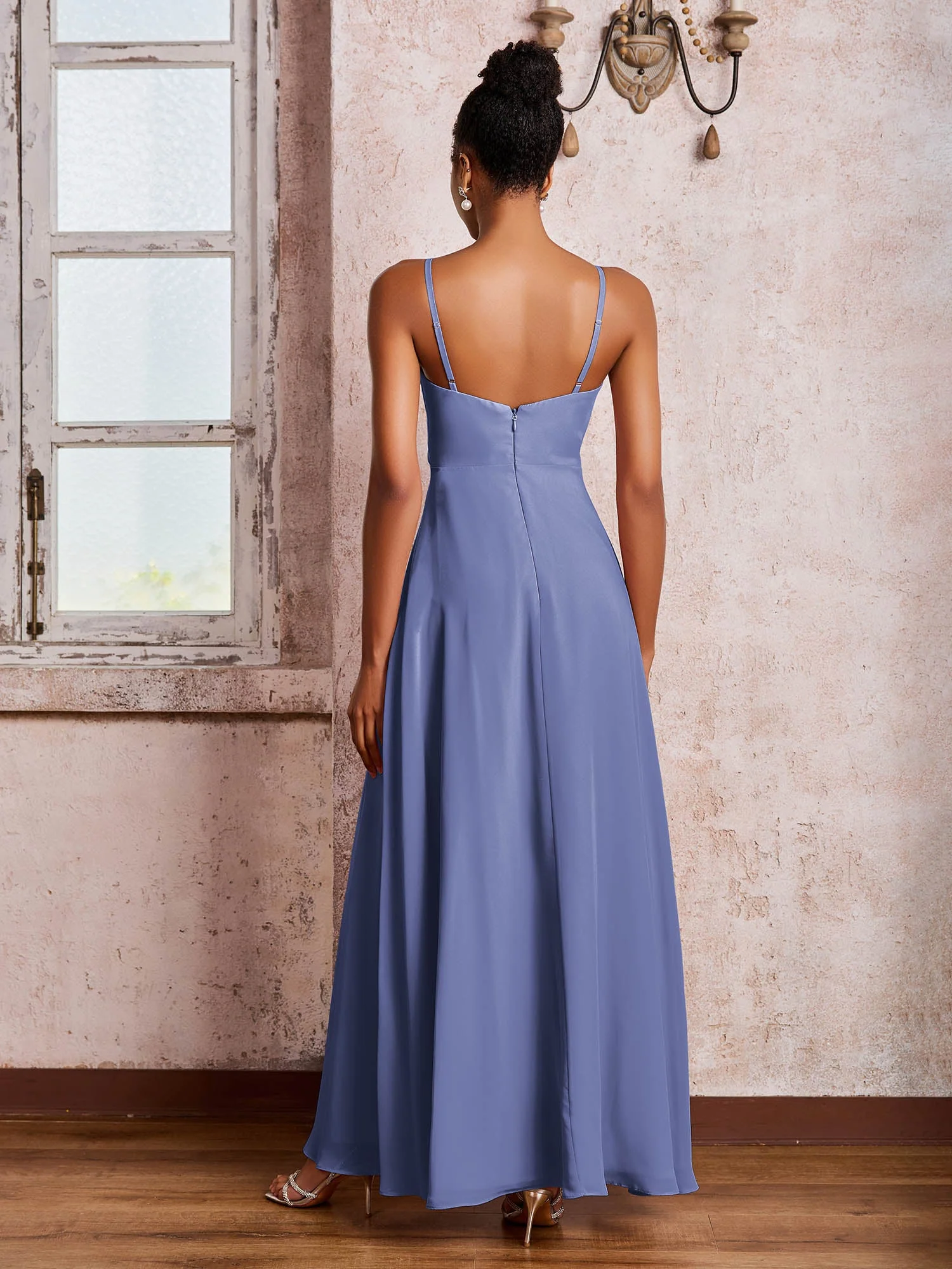 V-Ausschnitt Rüschen Schlitz Chiffon Kleider mit Kaskadenrock Periwinkleblau - Image 2