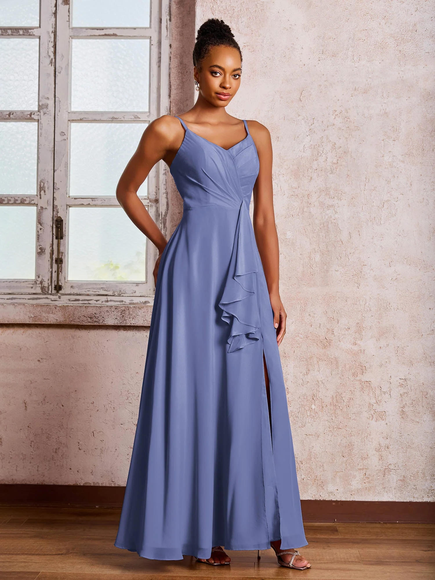 V-Ausschnitt Rüschen Schlitz Chiffon Kleider mit Kaskadenrock Periwinkleblau - Image 3