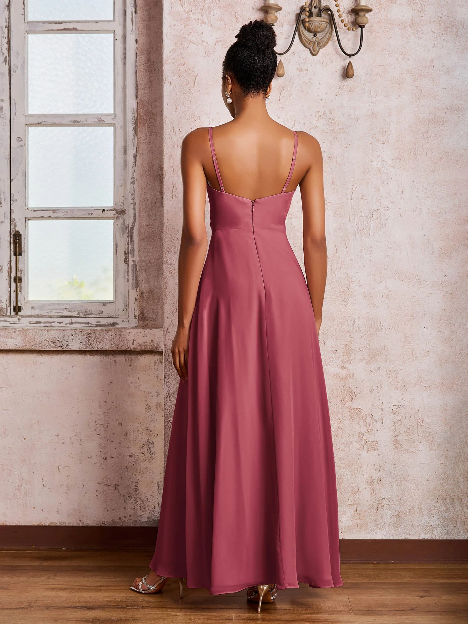 V-Ausschnitt Rüschen Schlitz Chiffon Kleider mit Kaskadenrock Zimtrose - Image 2