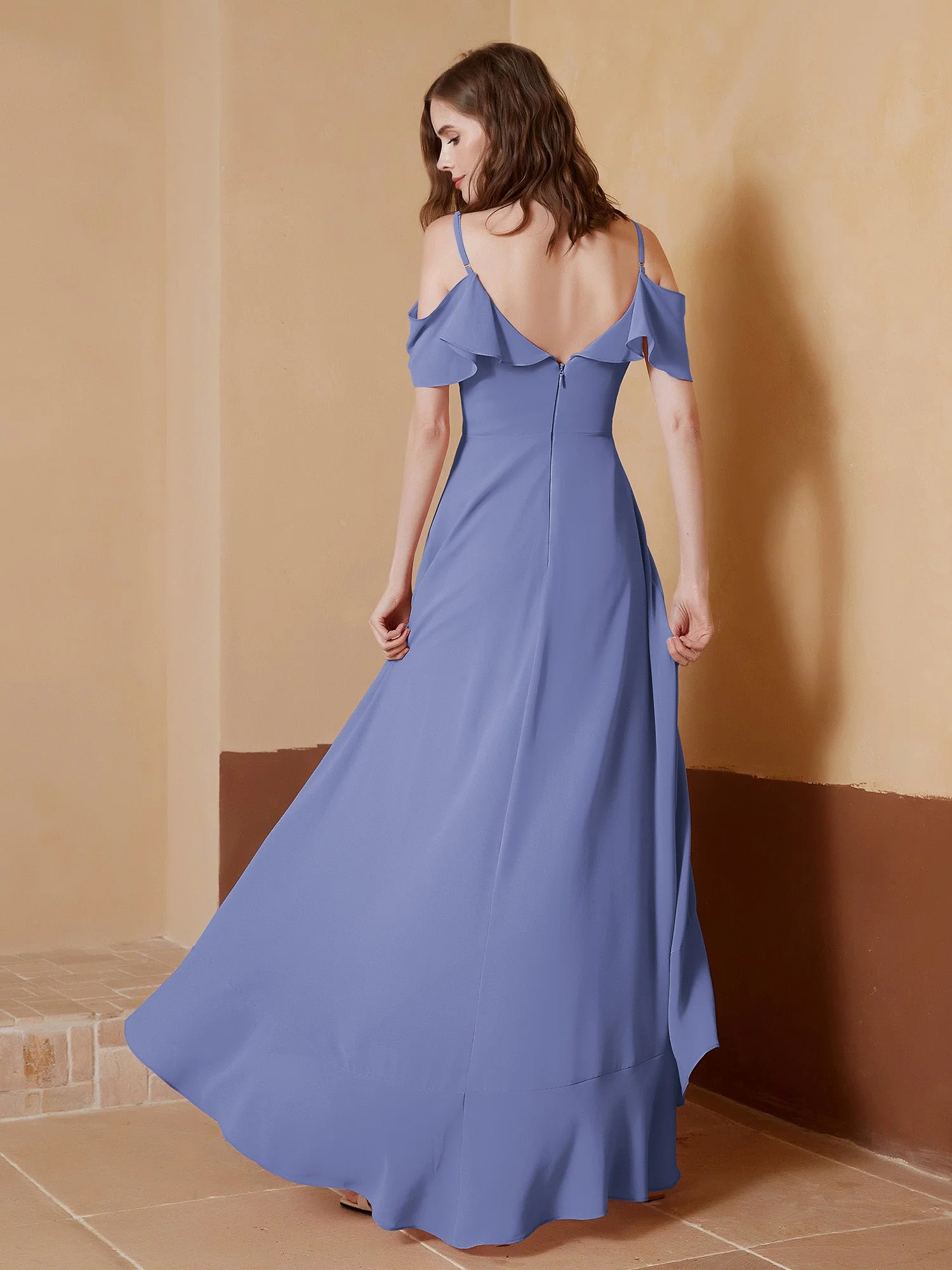 V-Ausschnitt Schulterfrei Rüschen Asymmetrisch Kleid Periwinkleblau - Image 2