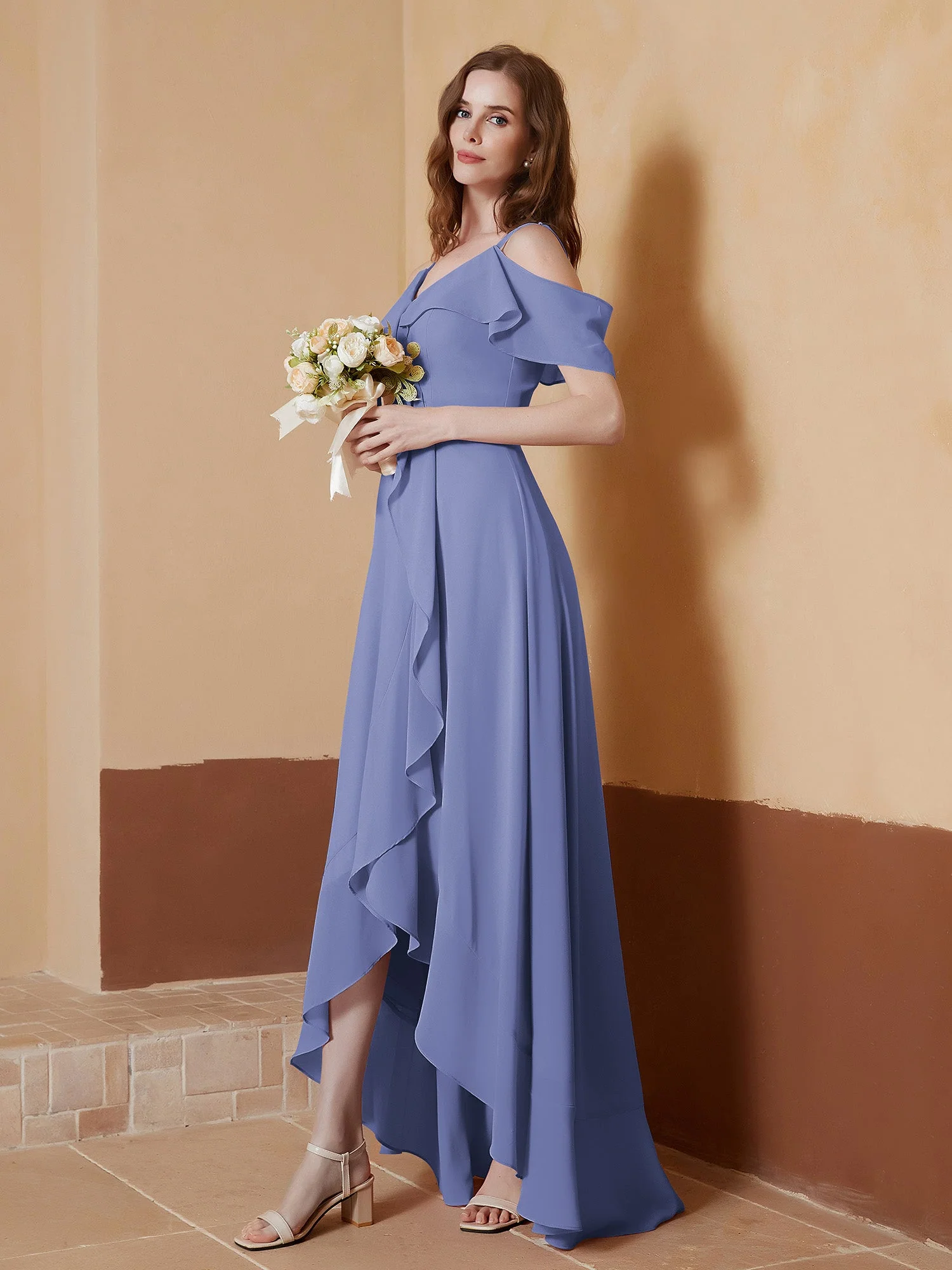 V-Ausschnitt Schulterfrei Rüschen Asymmetrisch Kleid Periwinkleblau - Image 3