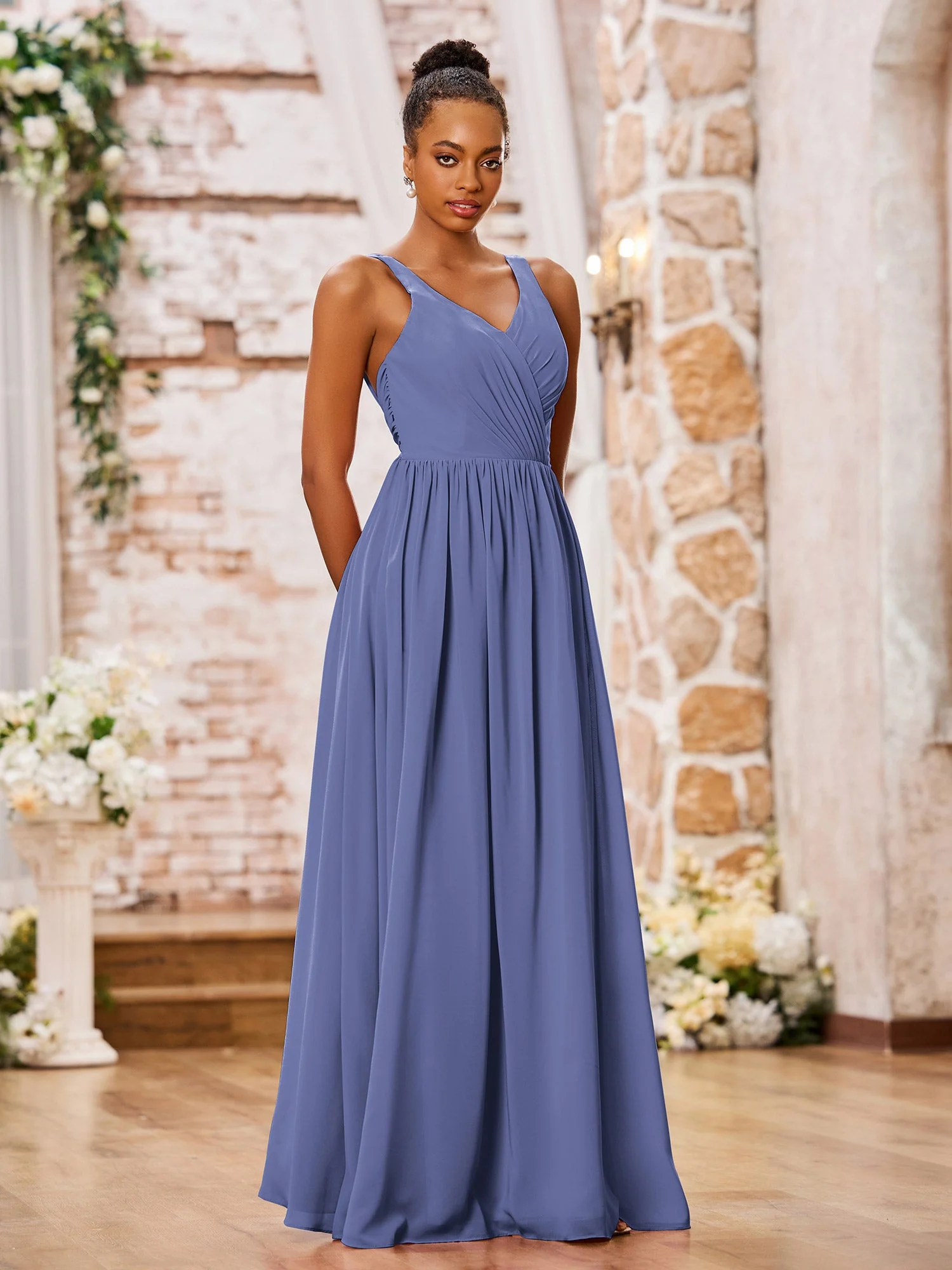 V-Ausschnitt Schulterträger Plissee Maxi Chiffon Kleider Periwinkleblau - Image 3