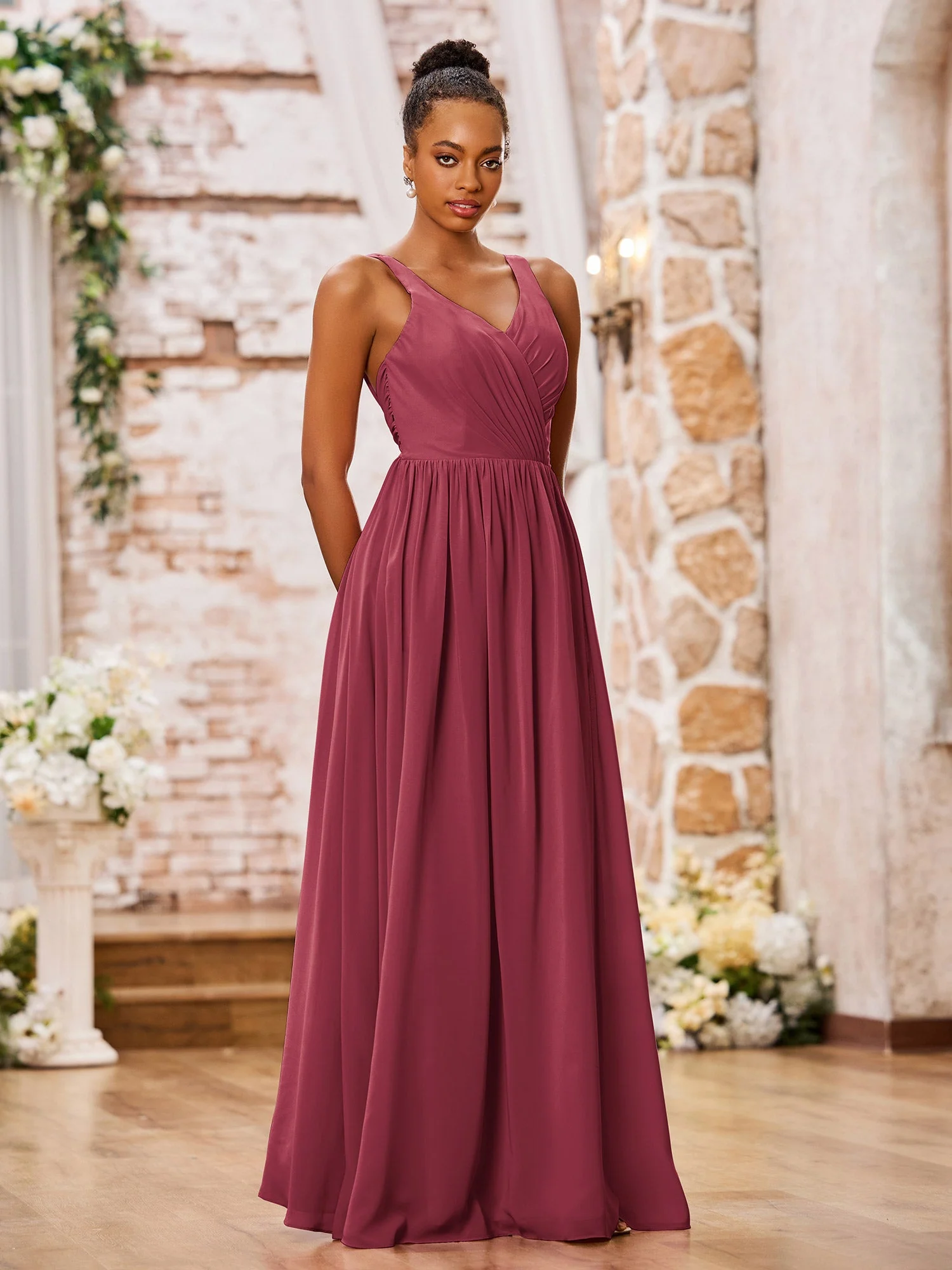 V-Ausschnitt Schulterträger Plissee Maxi Chiffon Kleider Zimtrose - Image 3