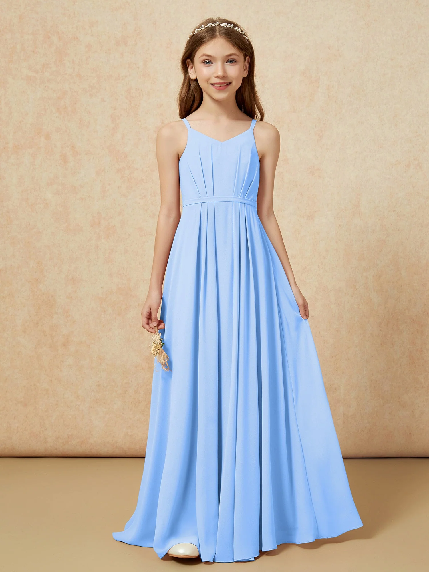 V-Ausschnitt Spaghettiträger Chiffon Junge Brautjungfernkleider Blau