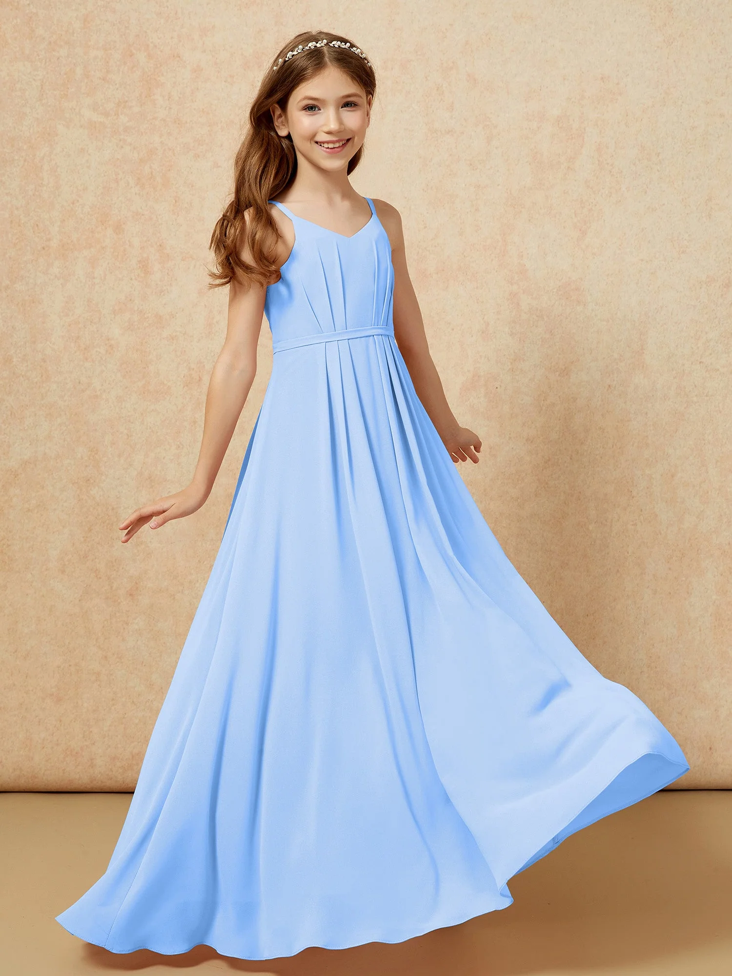 V-Ausschnitt Spaghettiträger Chiffon Junge Brautjungfernkleider Blau - Image 6