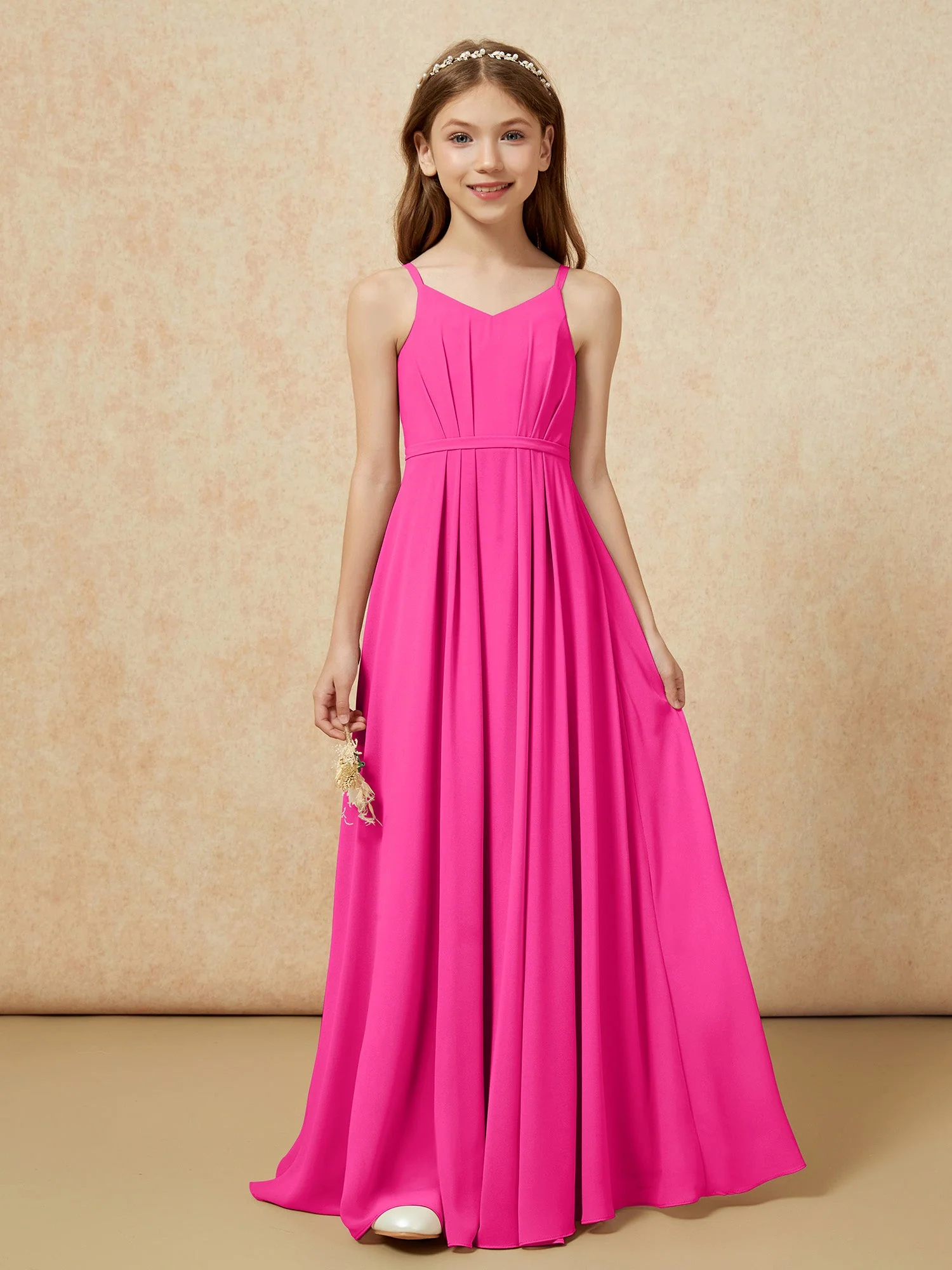 V-Ausschnitt Spaghettiträger Chiffon Junge Brautjungfernkleider Fuchsia