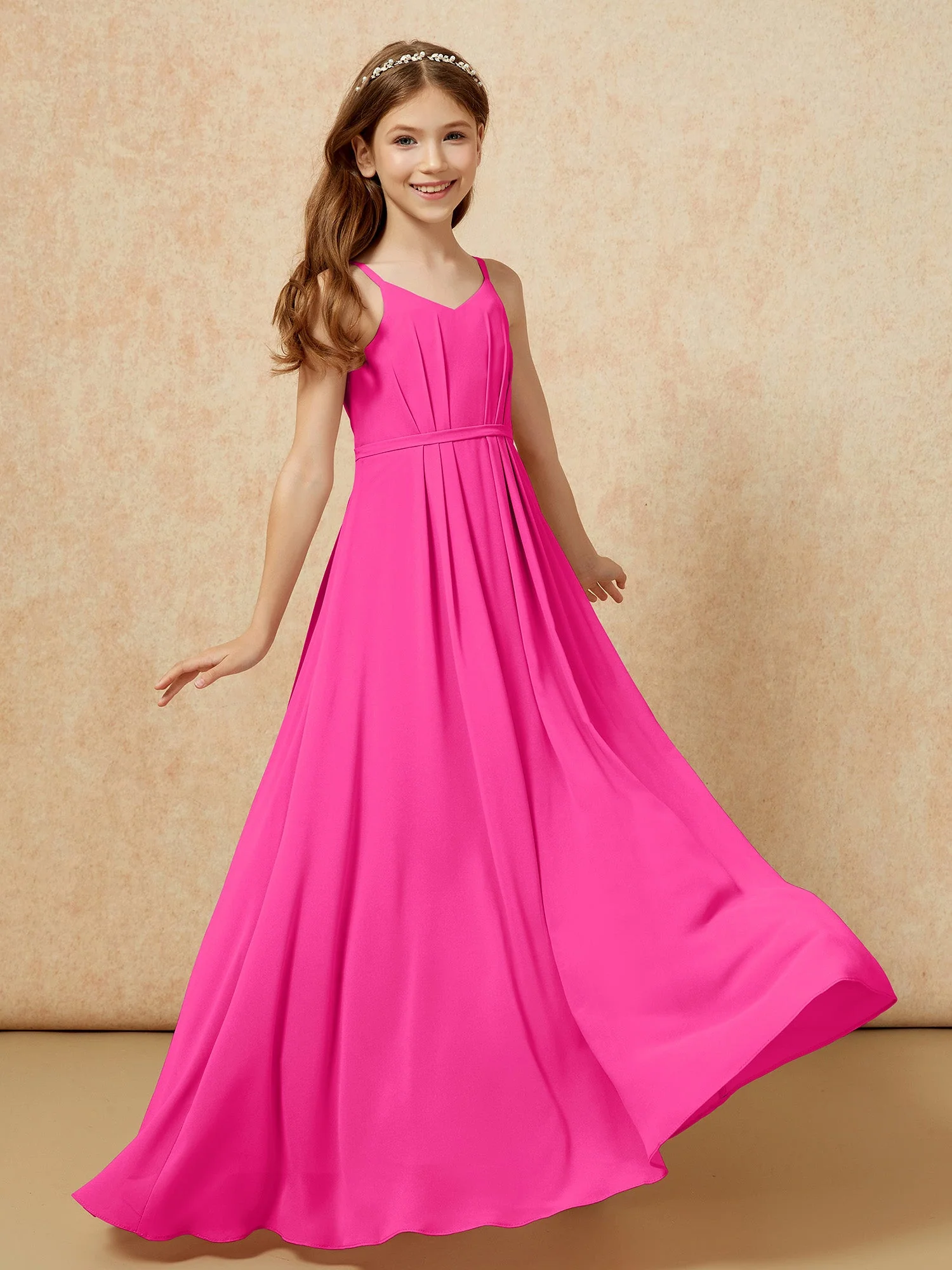V-Ausschnitt Spaghettiträger Chiffon Junge Brautjungfernkleider Fuchsia - Image 6