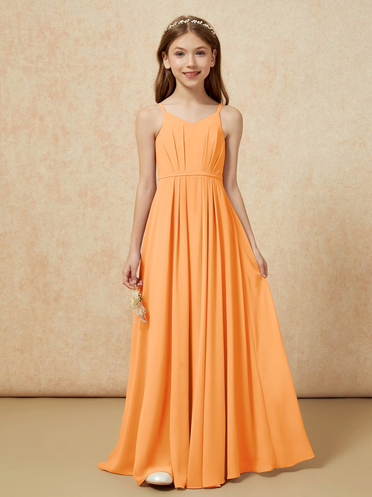 V-Ausschnitt Spaghettiträger Chiffon Junge Brautjungfernkleider Orange